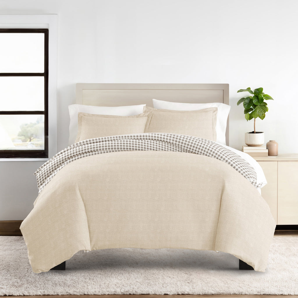 Duvet Cover Set - Ultra Soft & Breathable - Reversible Beige Gingham Check for Twin/TwinXL Bedding by Comfort Canopy