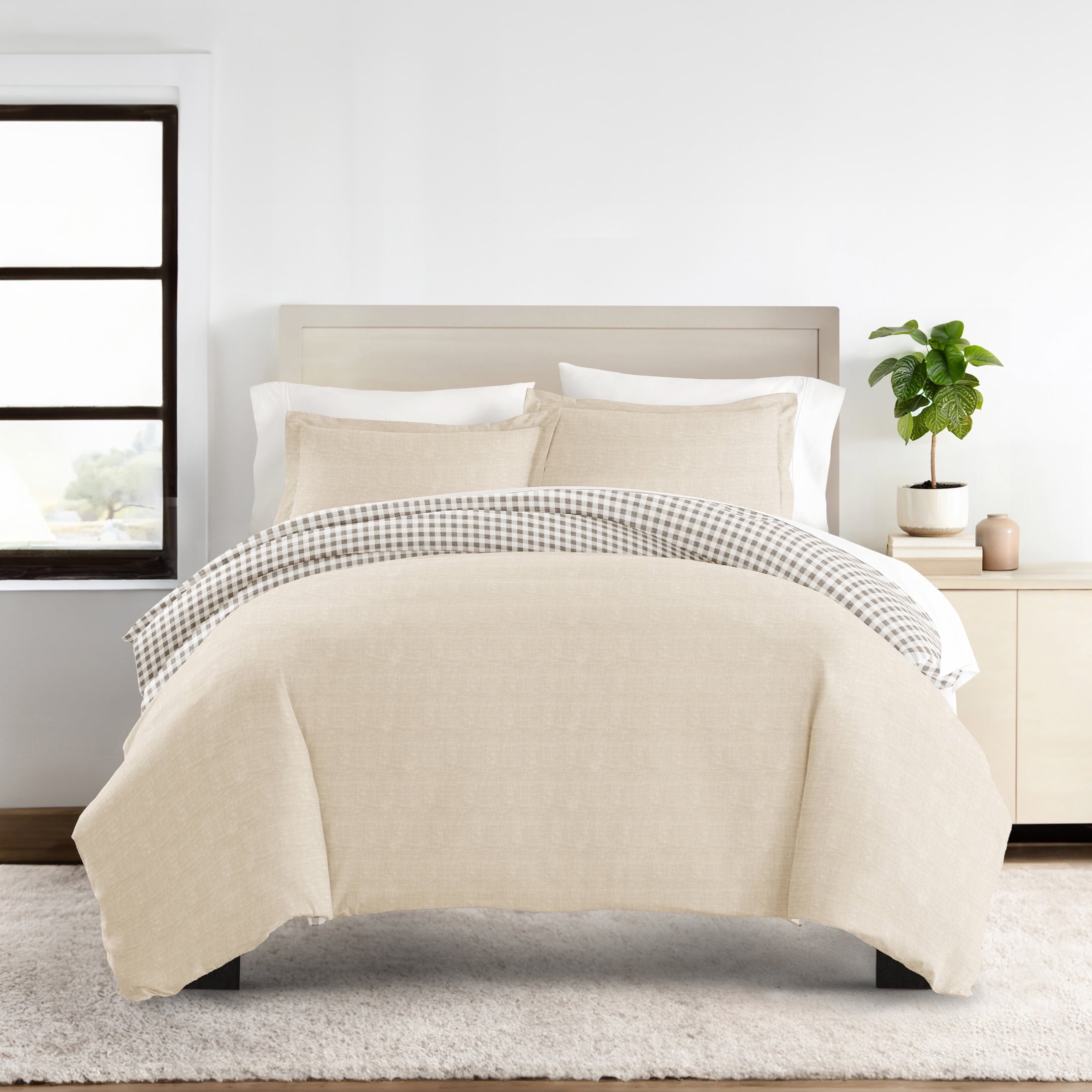 Duvet Cover Set - Ultra Soft & Breathable - Reversible Beige Gingham Check for Twin/TwinXL Bedding by Comfort Canopy