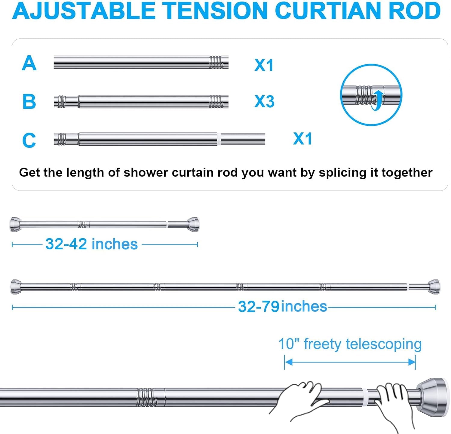 TITGIPE No hole telescopic shower curtain rod | 27-76 inches adjustable anti-skid spring rod | stainless steel rust resistance design | bathroom upgrade artifact no hole telescopic bath curtain rod