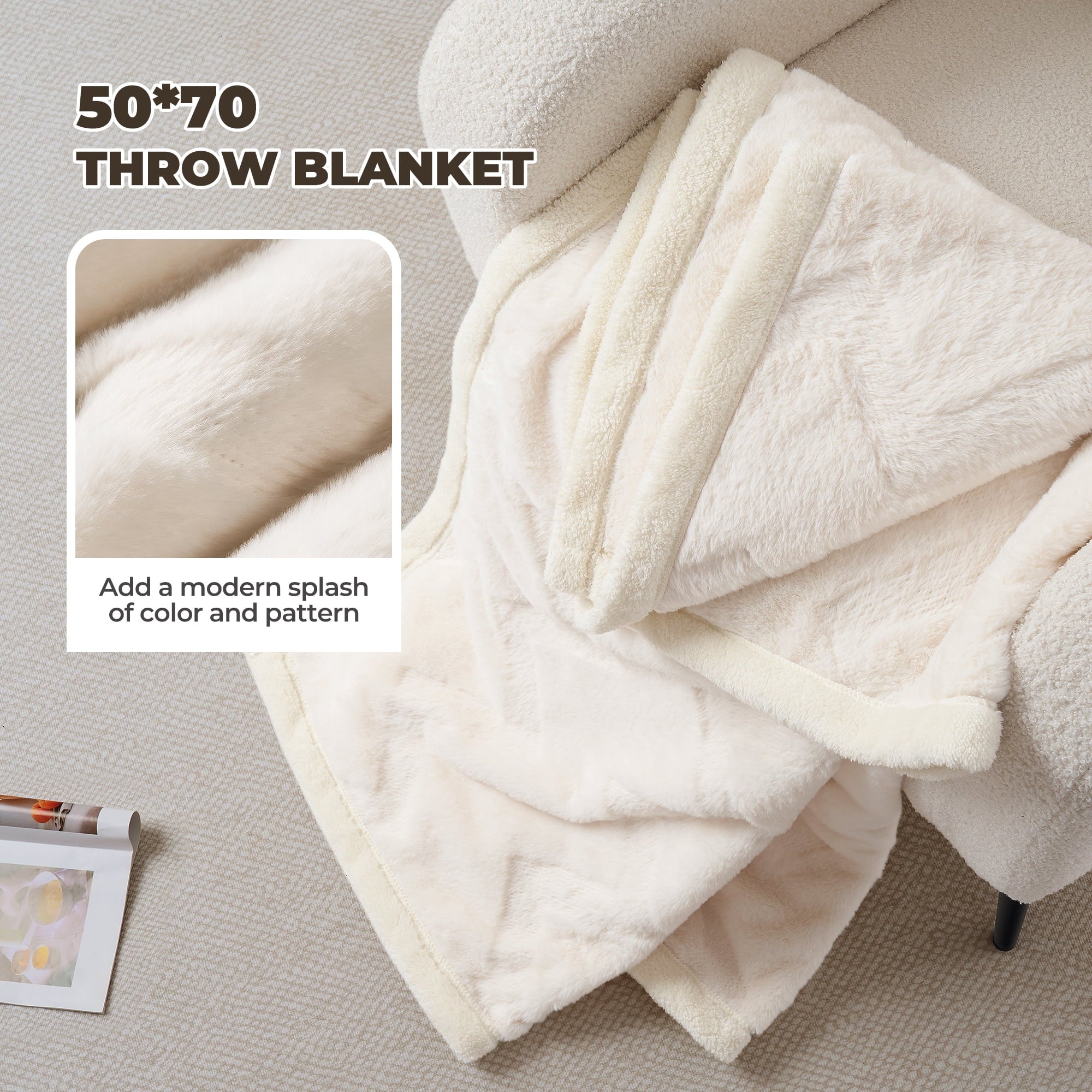 Naipo 50 in x 70 in Faux Rabbit Fur Blanket White Arctic Velvet Throw Blanket Unique Design Perfect for All Seasons and Ages (No Heating)