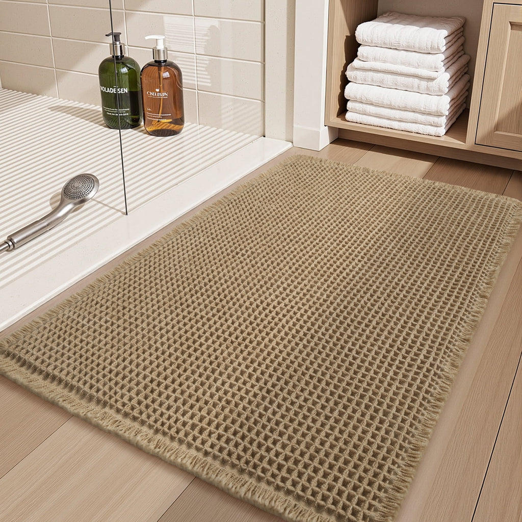 SIXHOME Bathroom Rugs Waffle Bath Rug Super Soft Absorbent Non Slip Bath Mat Beside Tub Rubber Backed Machine Washable Bathroom Rugs with Tassels Boho Bathroom Decor 17" x 24" Brown