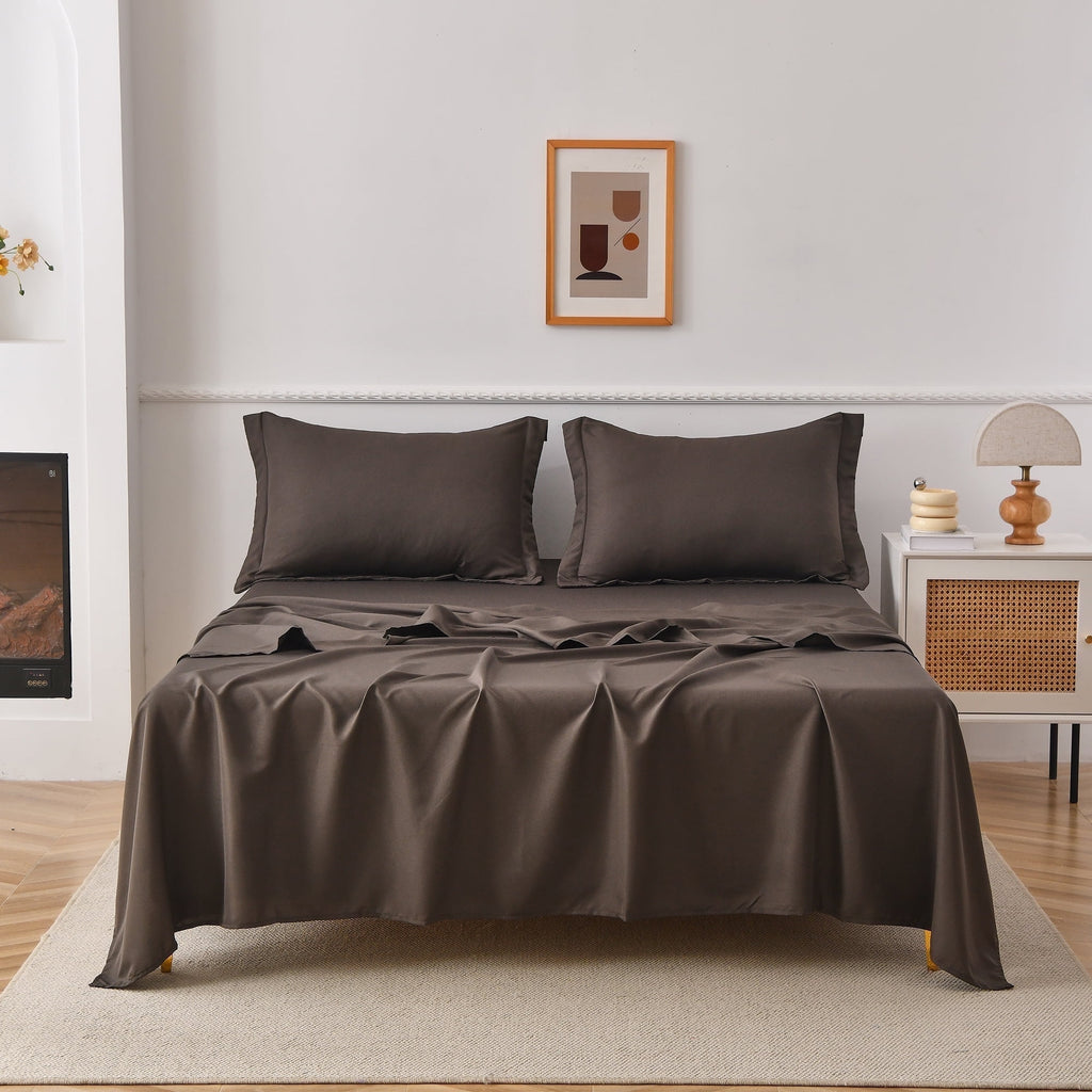 Jessy Home Bed Sheets Set 4 Piece Queen/Full Sheet Set Brown Gray Cotton Blend Fitted Sheet, Flat Sheet & 2 Pillowcases Bedding Set