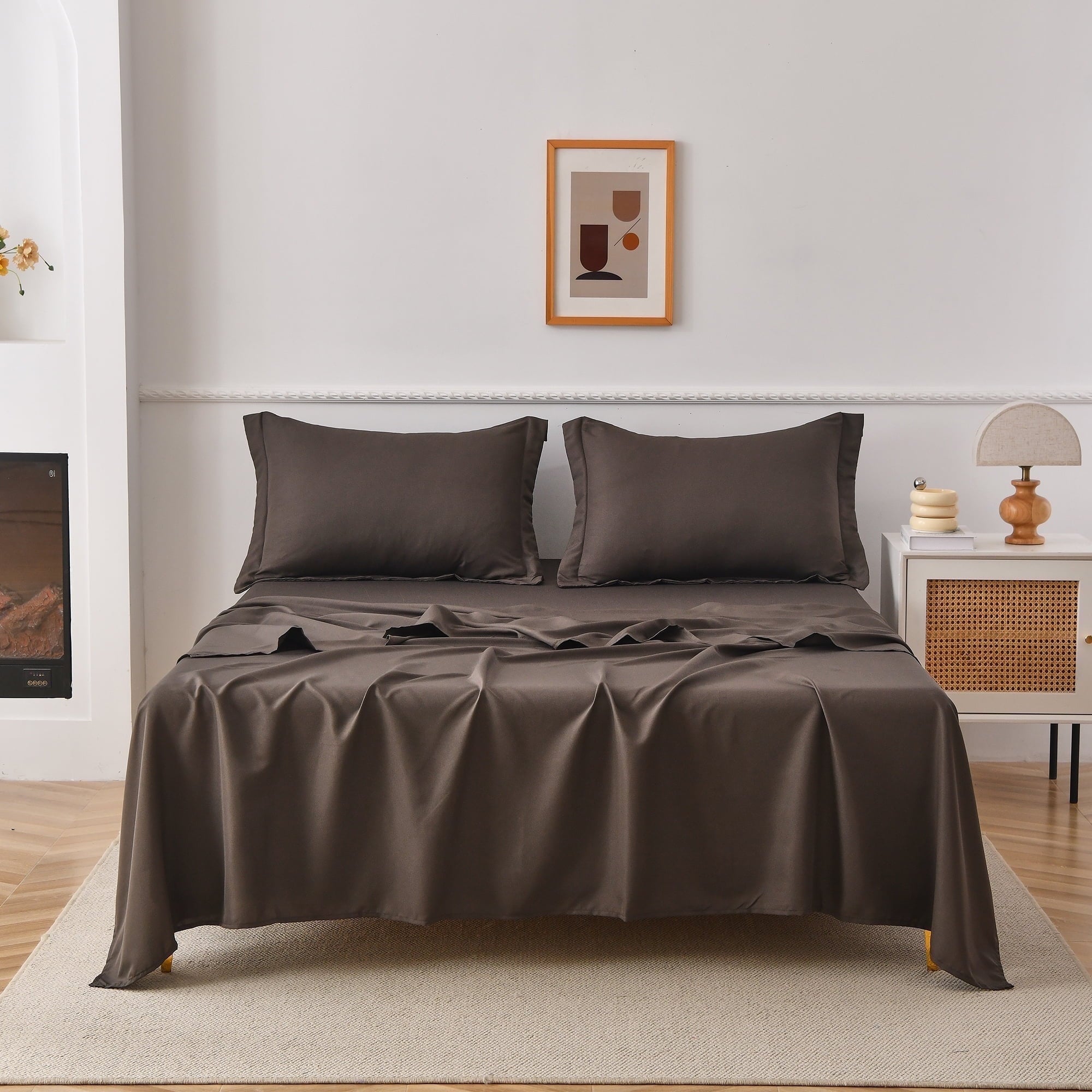 Jessy Home Bed Sheets Set 4 Piece Queen/Full Sheet Set Brown Gray Cotton Blend Fitted Sheet, Flat Sheet & 2 Pillowcases Bedding Set