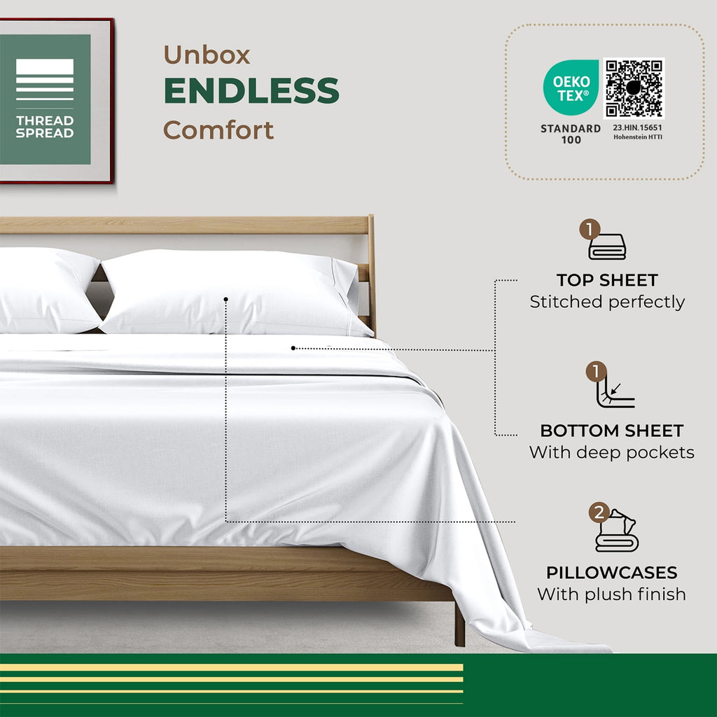 Thread Spread 100% Organic Cotton Sheets Queen Size - 4 PC Organic Cotton Queen Size Percale Weave Sheet Set, Soft, Cooling, Crisp & Breathable, 16" Deep Pocket Hotel Quality Bedding Set - White