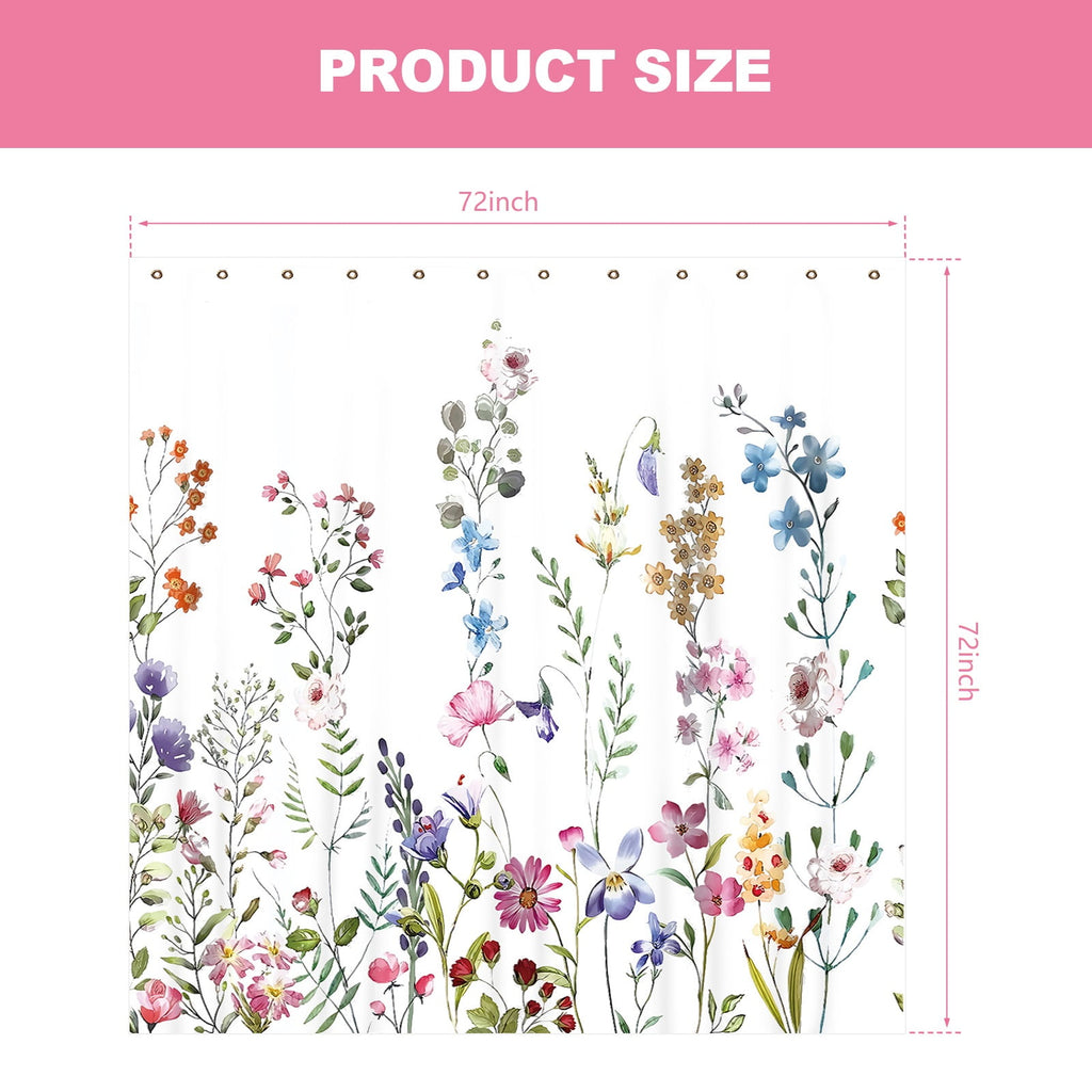 Dznils White Floral Fabric Shower Curtain, Watercolor Bathroom Curtain with Hooks, Pink, 72" x 72"