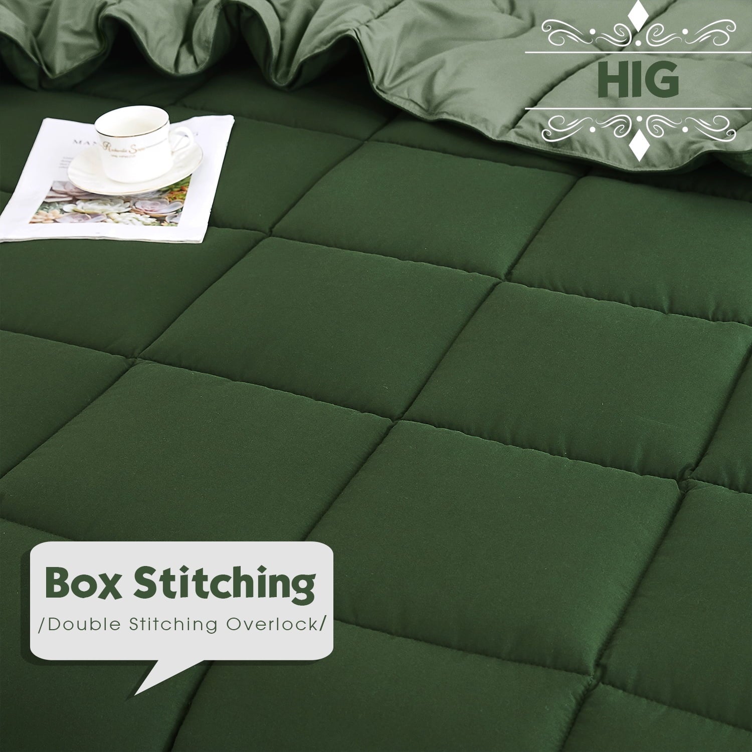 HIG Light Weight Down Alternative Comforter Set, Queen, Green, Reversible