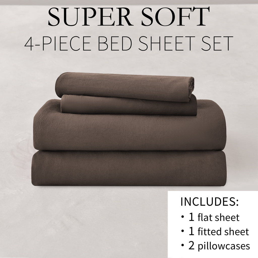 Jessy Home Bed Sheets Set 4 Piece Queen/Full Sheet Set Brown Gray Cotton Blend Fitted Sheet, Flat Sheet & 2 Pillowcases Bedding Set