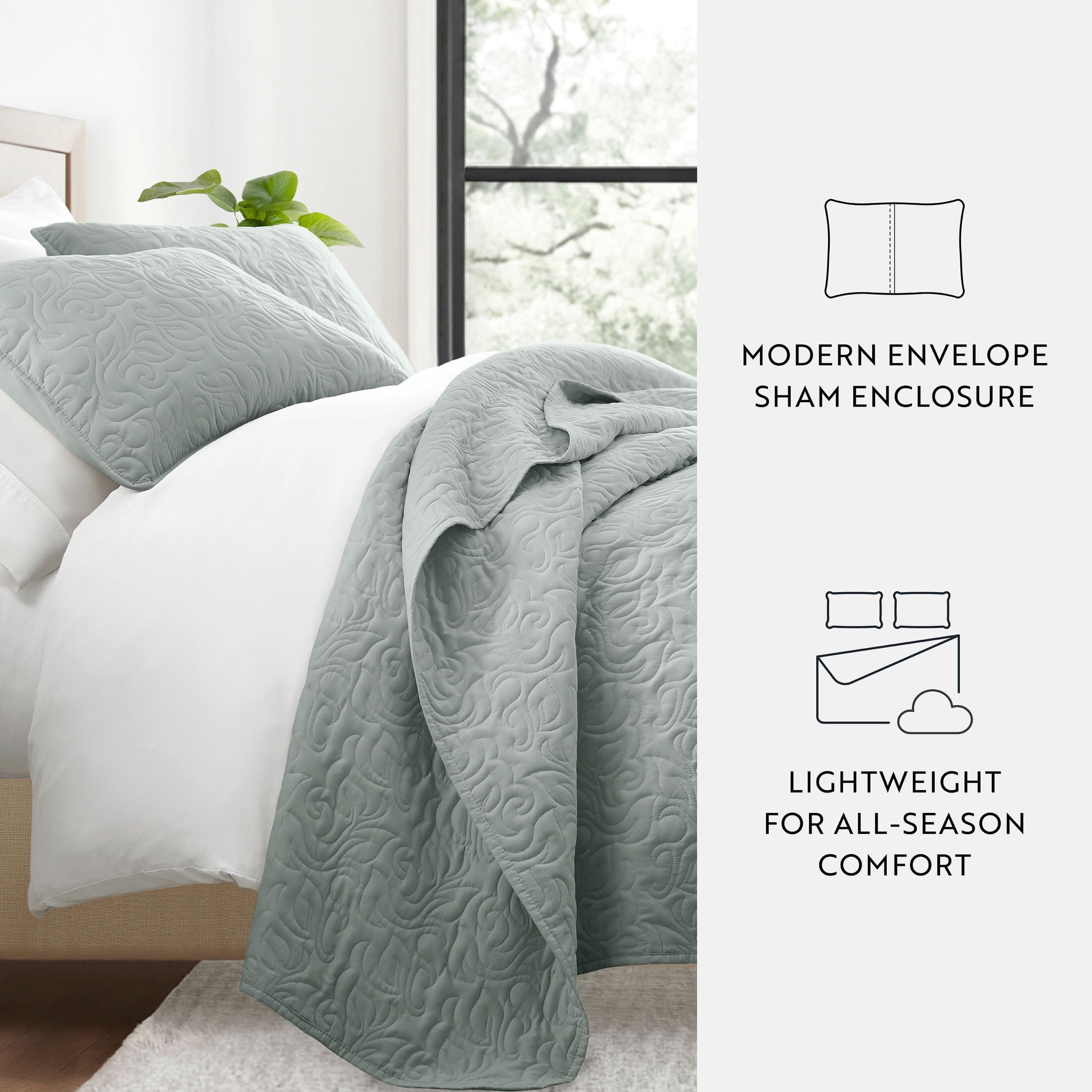 Wrinkle Resistant All Season Quilt Set Coverlet Eucalyptus Floral Stitched for King Size Bedding by Comfort Canopy