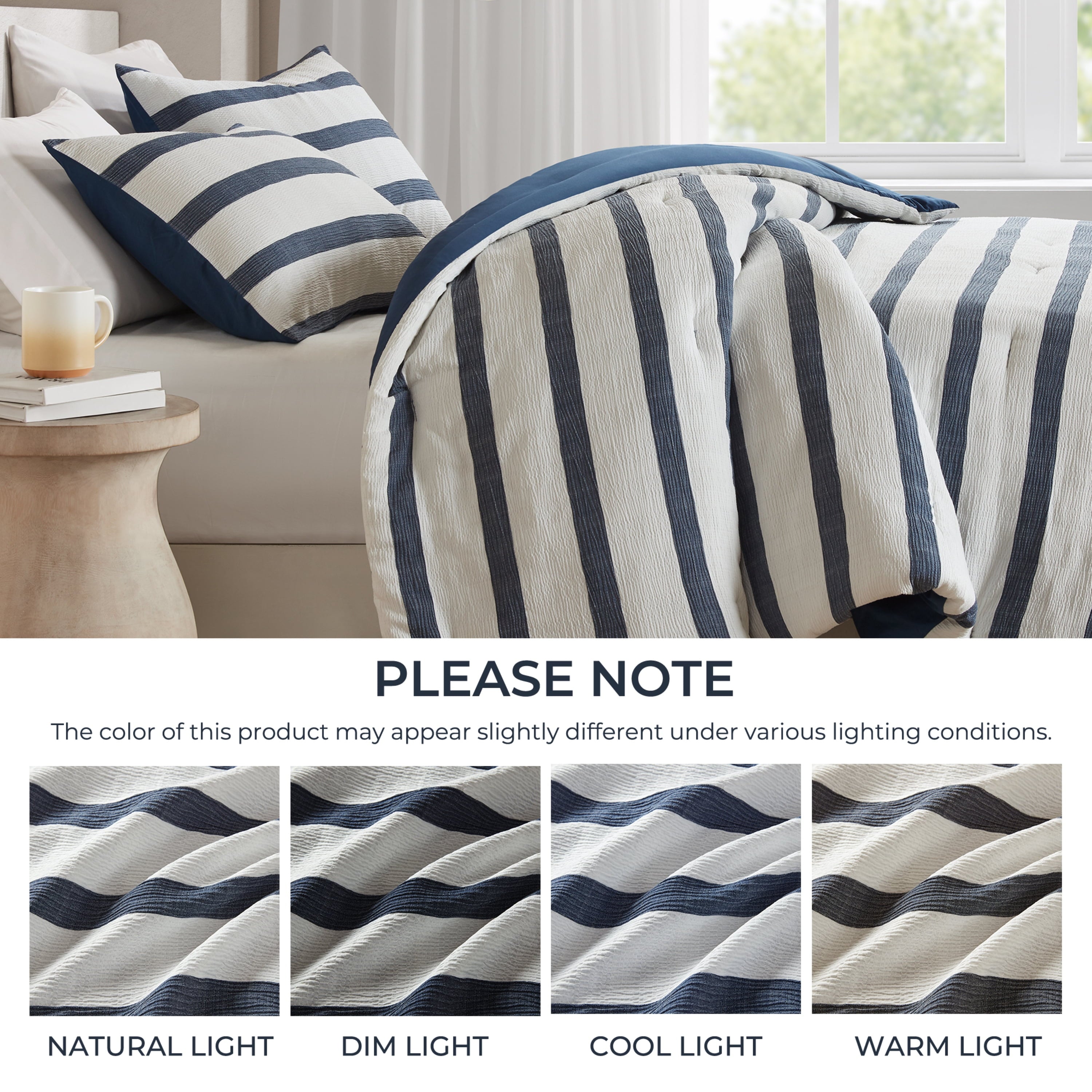 Regency Heights Full/Queen Comforter Set, Striped Texture Bedding Comforter Sets, 3 Pieces Tonal Stripes Woven Comforter with Pillow Sham, Blue