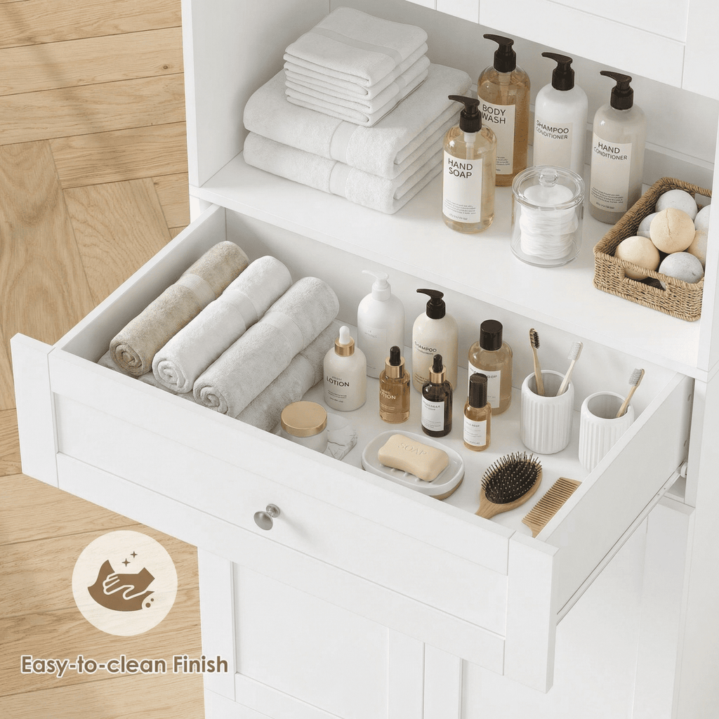 Homfa 67.5" Tall Bathroom Storage Cabinet with Drawer, 4 Door Modern Freestanding Cupboard, White