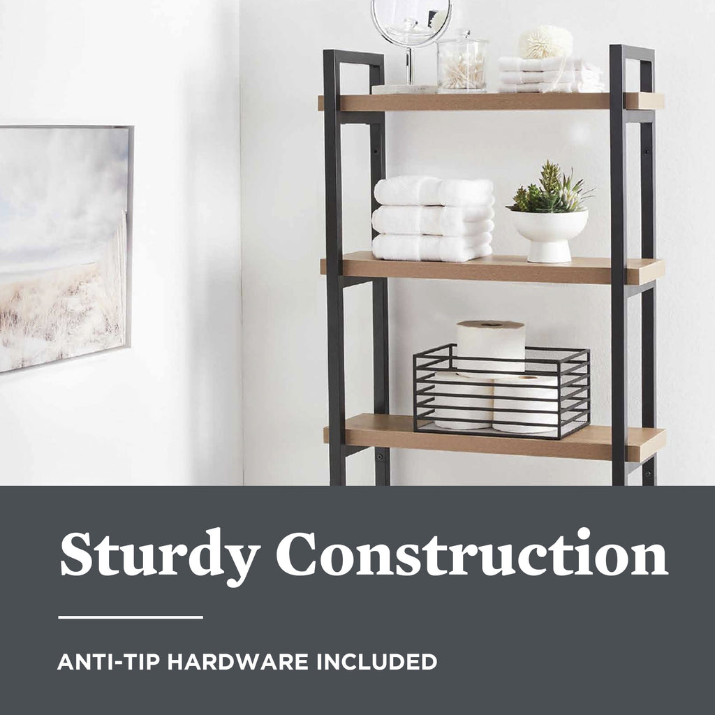 Better Homes & Gardens Jace 3-Shelf over-the-Toilet Rack with Black Frame and Oak Shelves