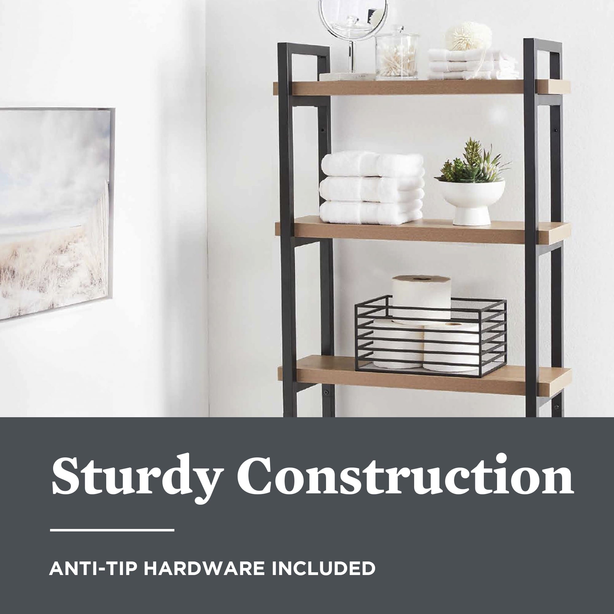 Better Homes & Gardens Jace 3-Shelf over-the-Toilet Rack with Black Frame and Oak Shelves