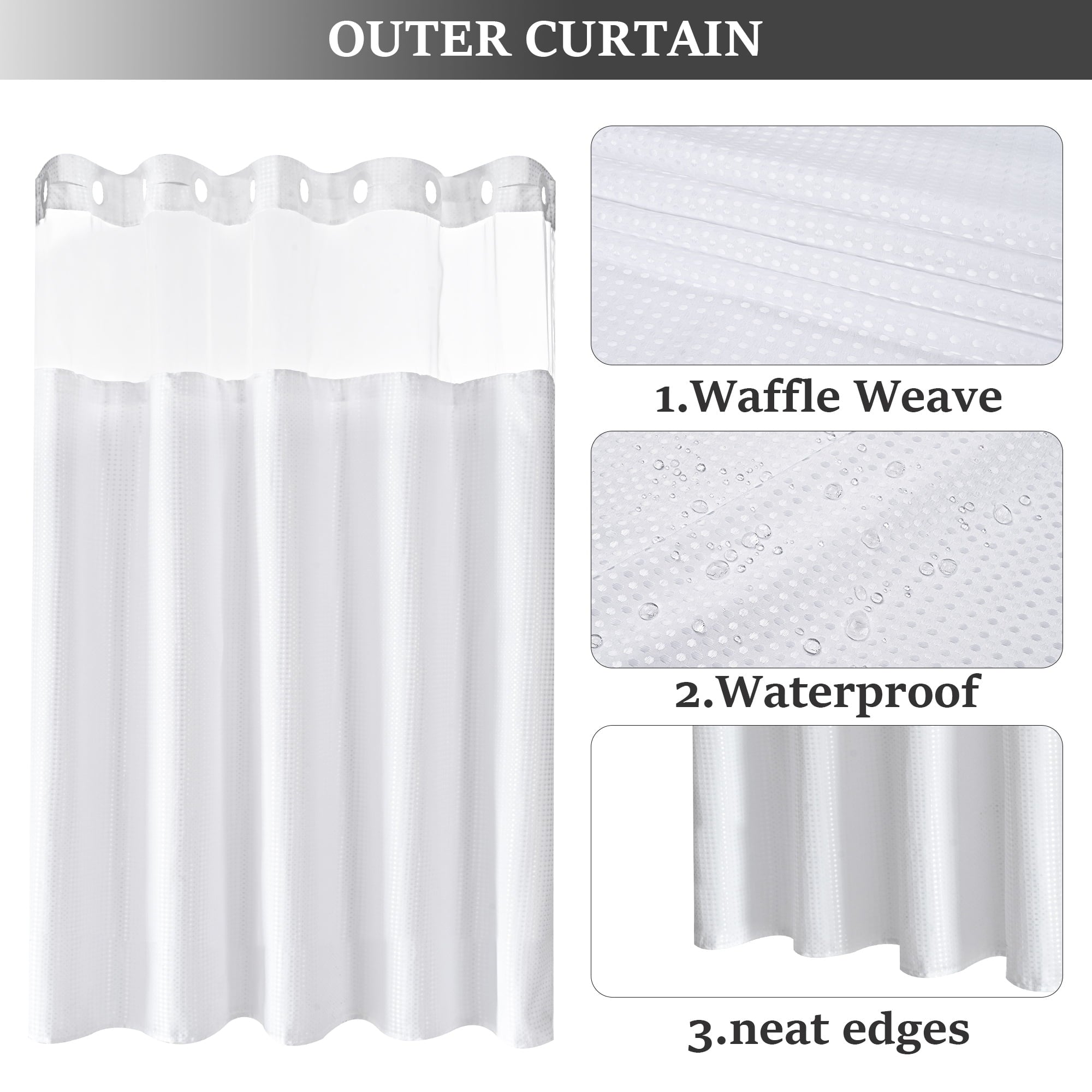 Ikfashoni White Hookless Shower Curtain with Snap in Liner, Waffle Weave Fabric No Hook Waterproof Mesh Window Bathroom Curtain, 72"X74"