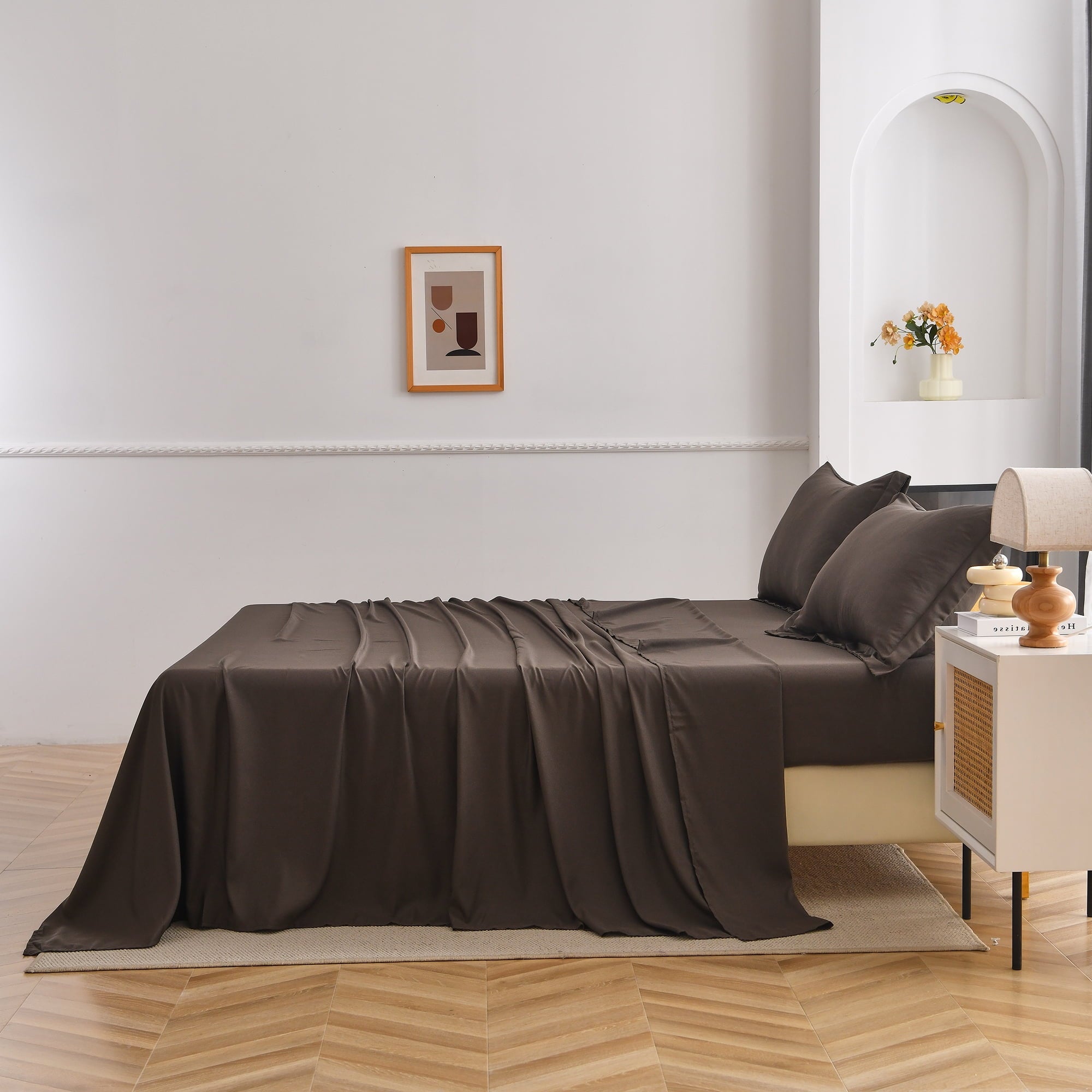 Jessy Home Bed Sheets Set 4 Piece Queen/Full Sheet Set Brown Gray Cotton Blend Fitted Sheet, Flat Sheet & 2 Pillowcases Bedding Set