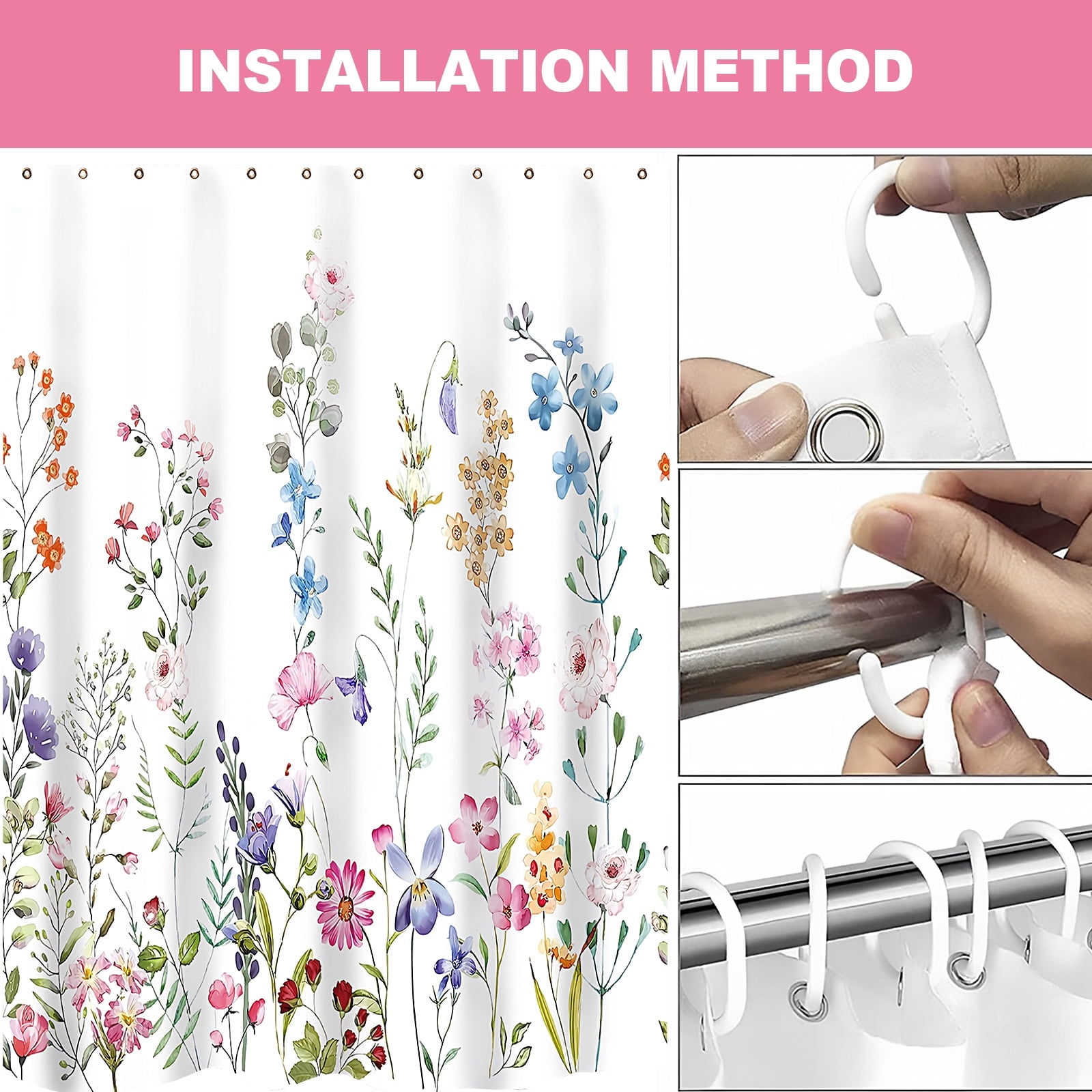 Dznils White Floral Fabric Shower Curtain, Watercolor Bathroom Curtain with Hooks, Pink, 72" x 72"