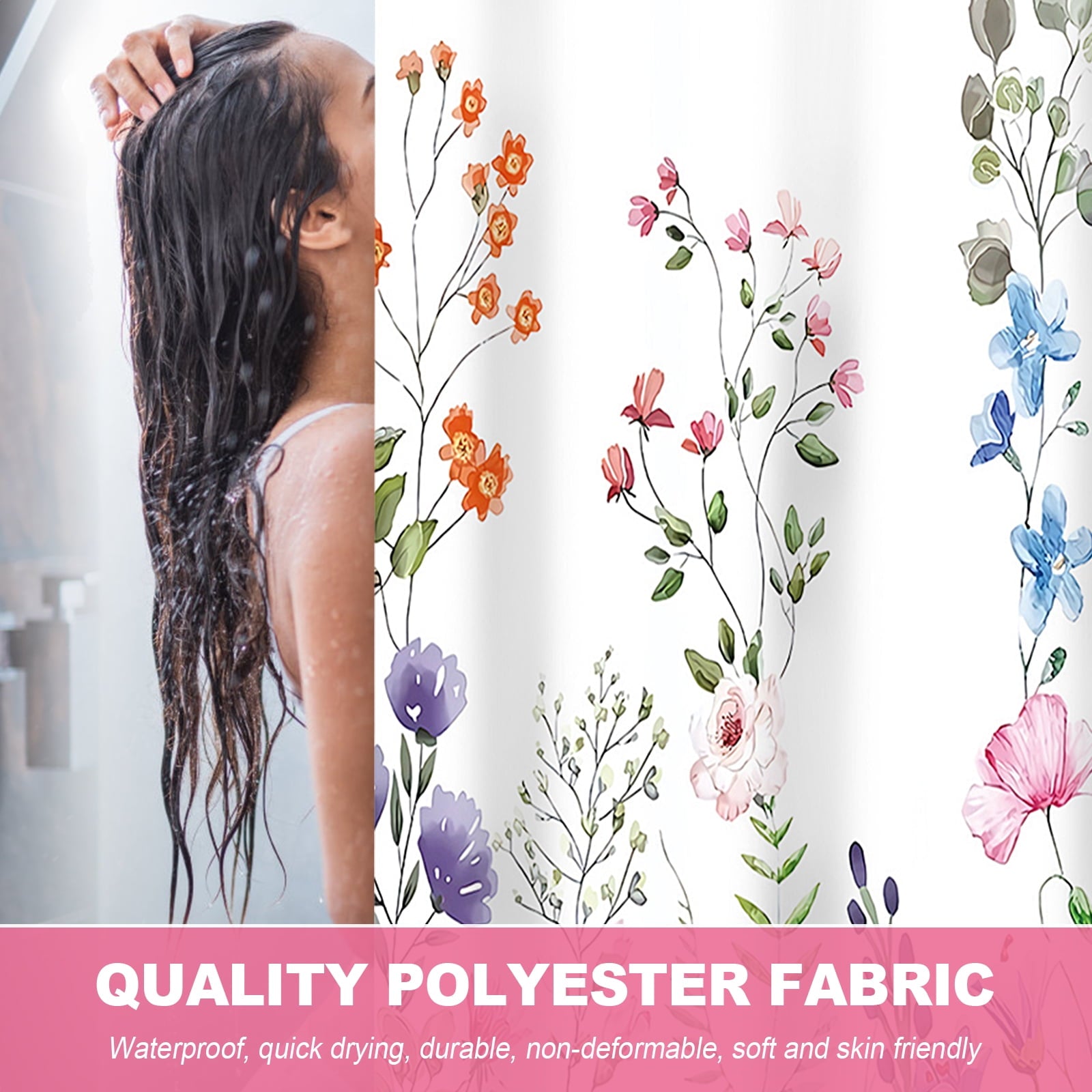 Dznils White Floral Fabric Shower Curtain, Watercolor Bathroom Curtain with Hooks, Pink, 72" x 72"