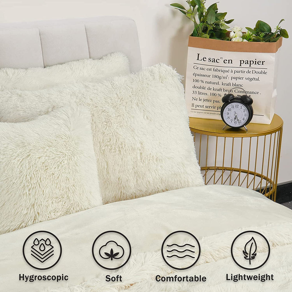 BLEUM CADE Luxury Fluffy Fuzzy Queen Bedding Comforter Set,4 Pieces Shaggy Duvet Cover Set,Furry Plush Velvet Bed Comforter Cover with Zip Closure,Queen,Creamy-White