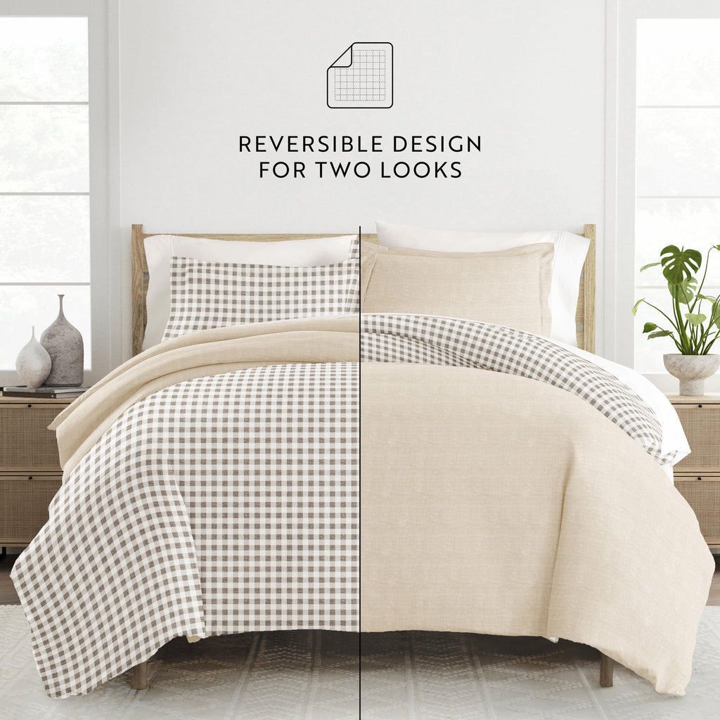 Duvet Cover Set - Ultra Soft & Breathable - Reversible Beige Gingham Check for Twin/TwinXL Bedding by Comfort Canopy