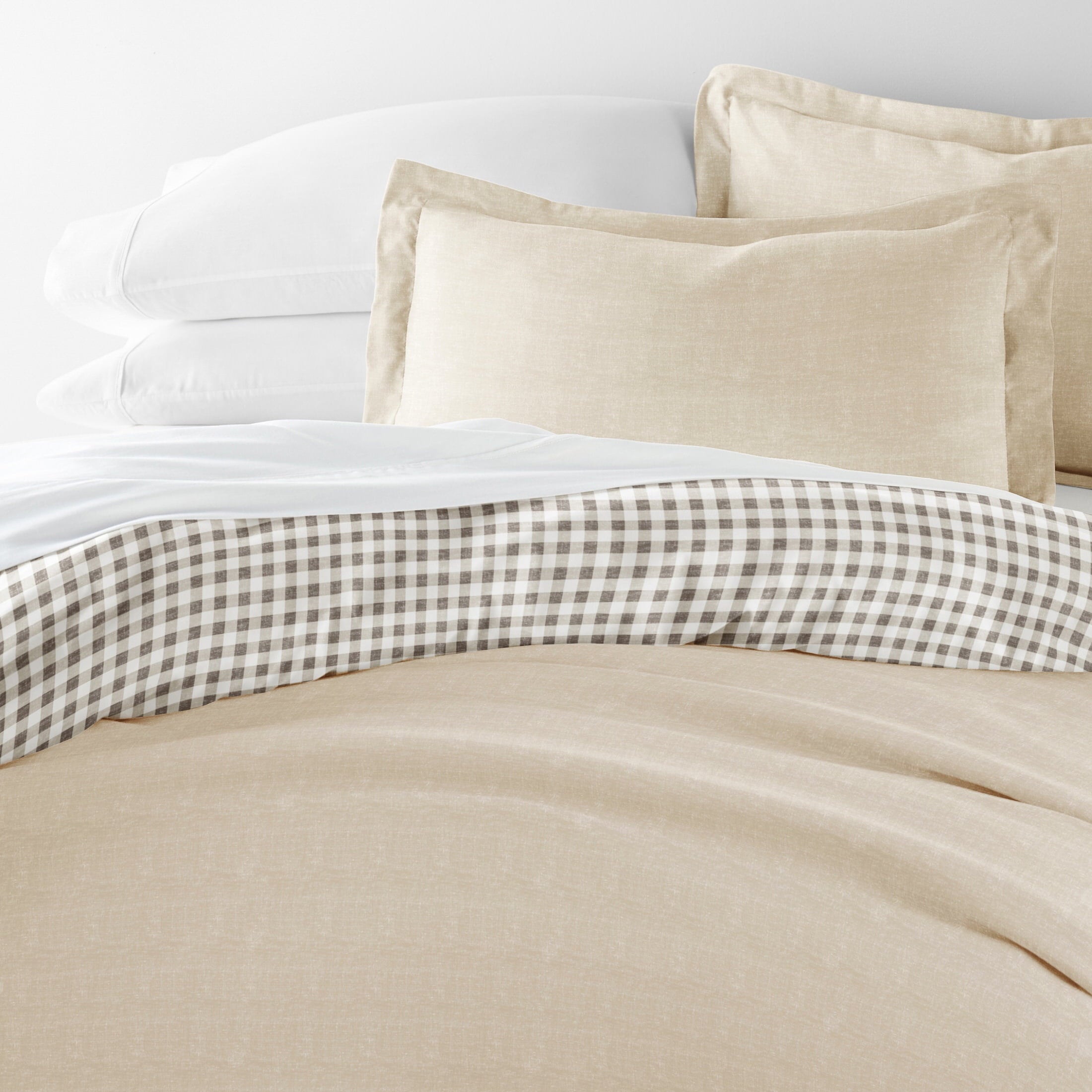 Duvet Cover Set - Ultra Soft & Breathable - Reversible Beige Gingham Check for Twin/TwinXL Bedding by Comfort Canopy