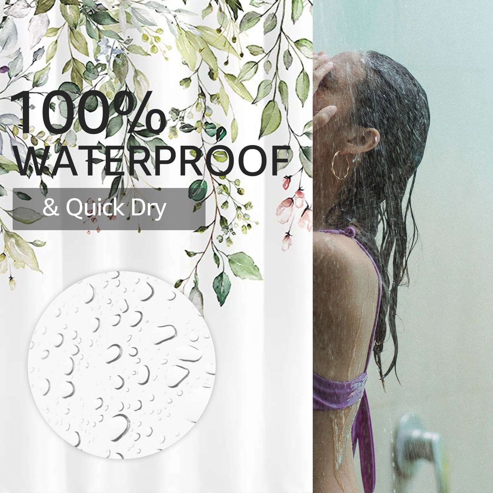 Dznils Green Eucalyptus Fabric Shower Curtain, Watercolor Floral Pattern with Hooks, 72" x 72"