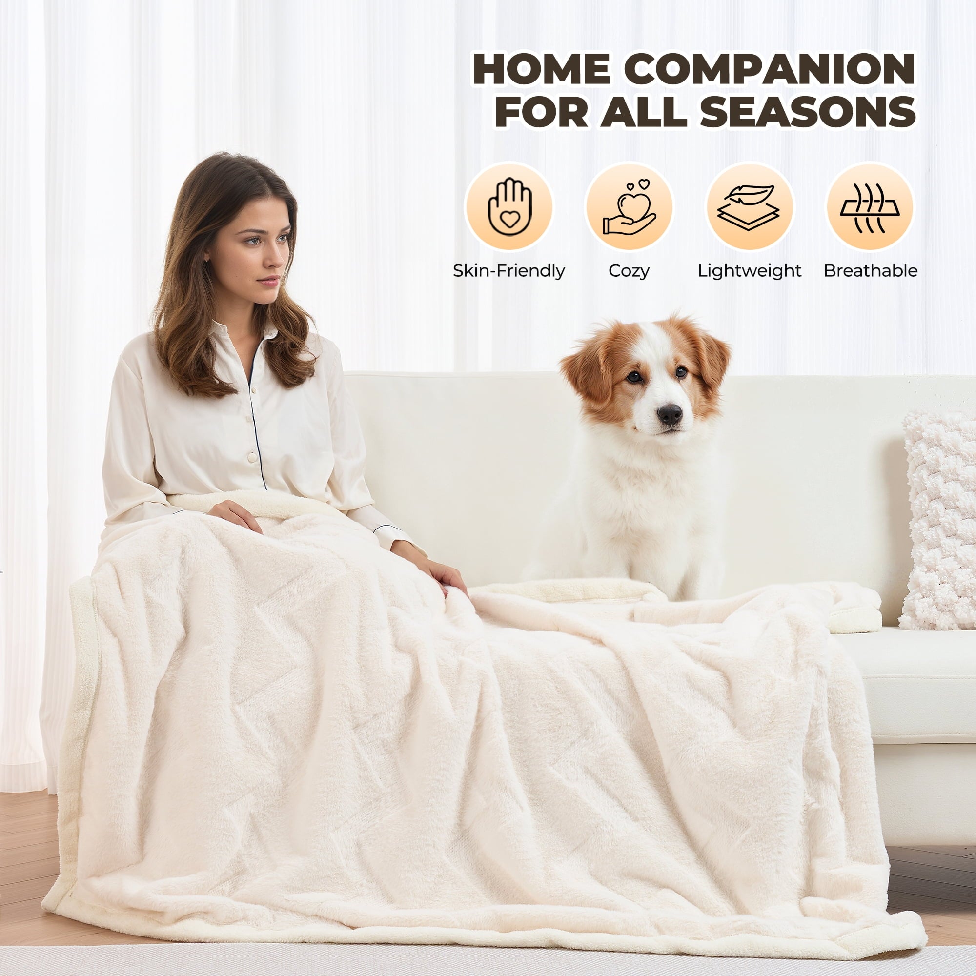 Naipo 50 in x 70 in Faux Rabbit Fur Blanket White Arctic Velvet Throw Blanket Unique Design Perfect for All Seasons and Ages (No Heating)