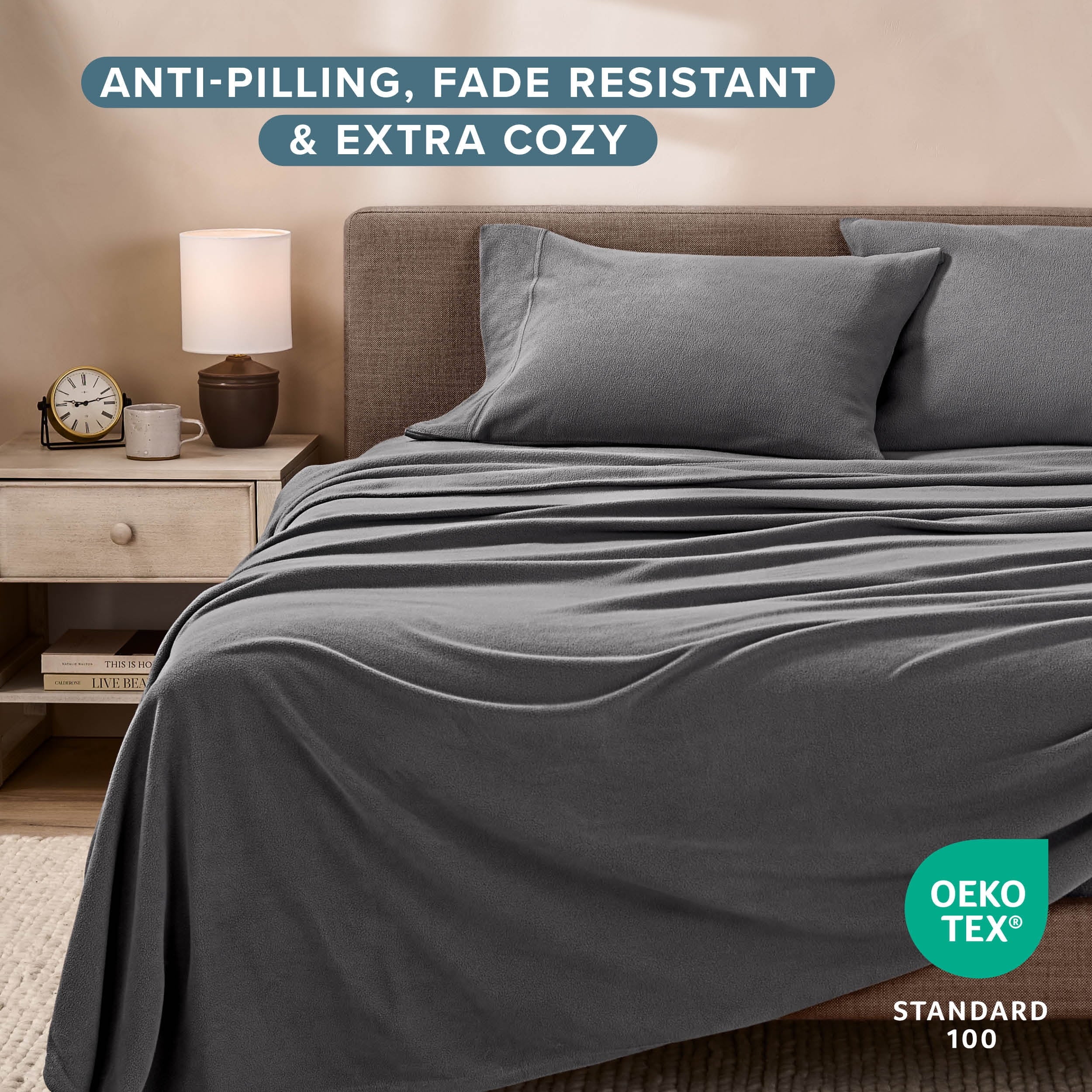 Bare Home Cozy Fleece Sheet Set - Extra Plush Polar Fleece - Deep Pocket - Queen, Gray