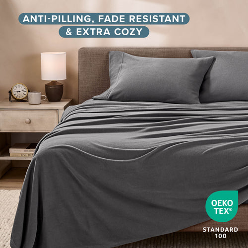 Bare Home Cozy Fleece Sheet Set - Extra Plush Polar Fleece - Deep Pocket - Queen, Gray