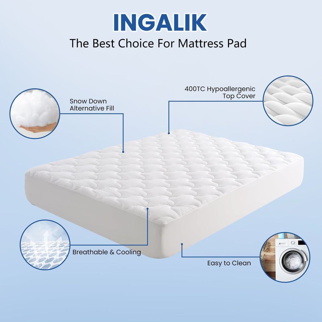 INGALIK Queen Size Mattress Pad, Cooling Breathable Mattress Topper, 400TC Quilted Fitted Protector and Cover with 8-21" Deep Pocket, White