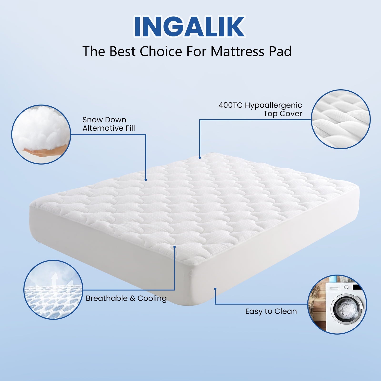 INGALIK Queen Size Mattress Pad, Cooling Breathable Mattress Topper, 400TC Quilted Fitted Protector and Cover with 8-21" Deep Pocket, White
