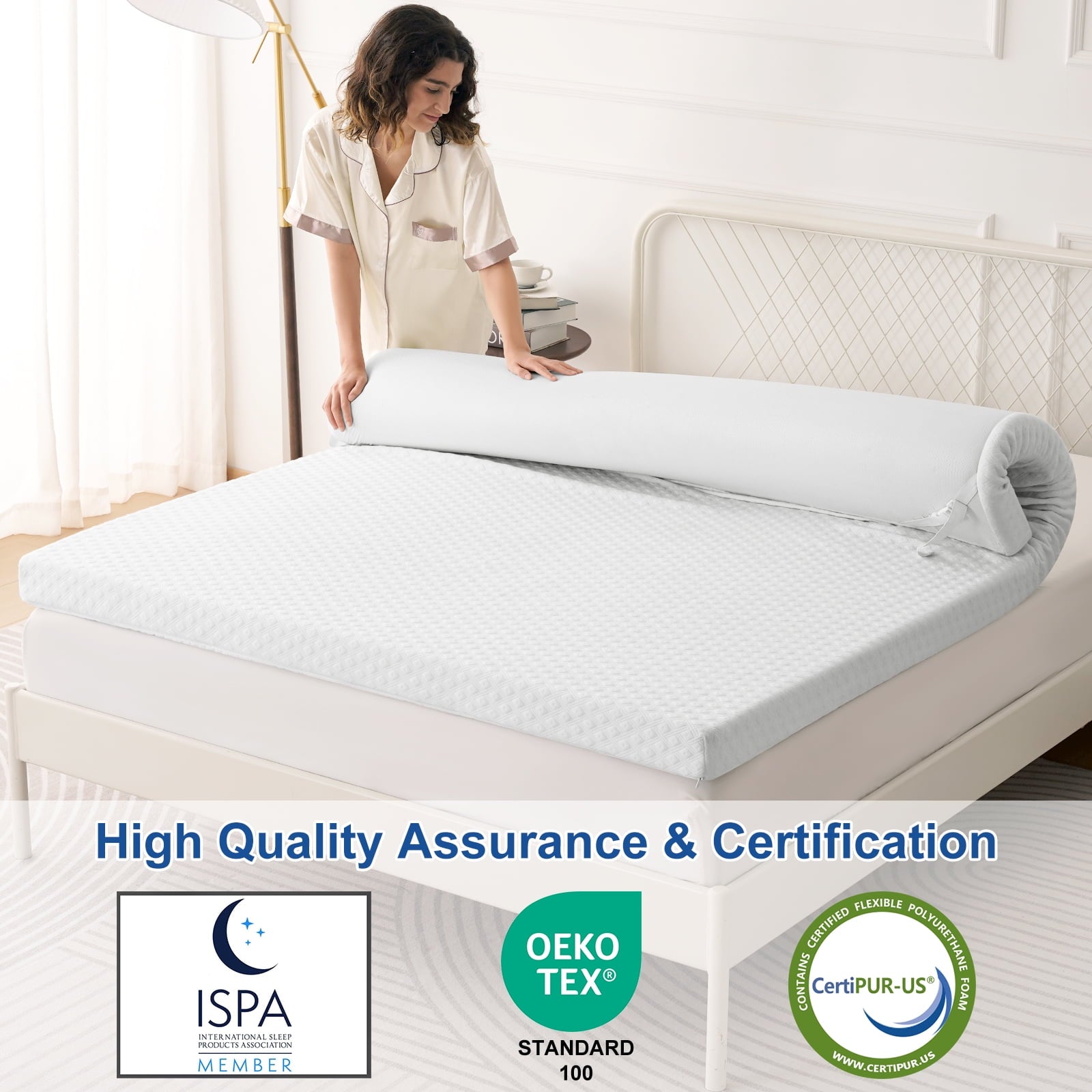 INGALIK 3 inch Gel Infused Memory Foam Mattress Topper, Queen, Cooling Bed Topper for Pressure Relief, CertiPUR-US Certified, White Removable Cover