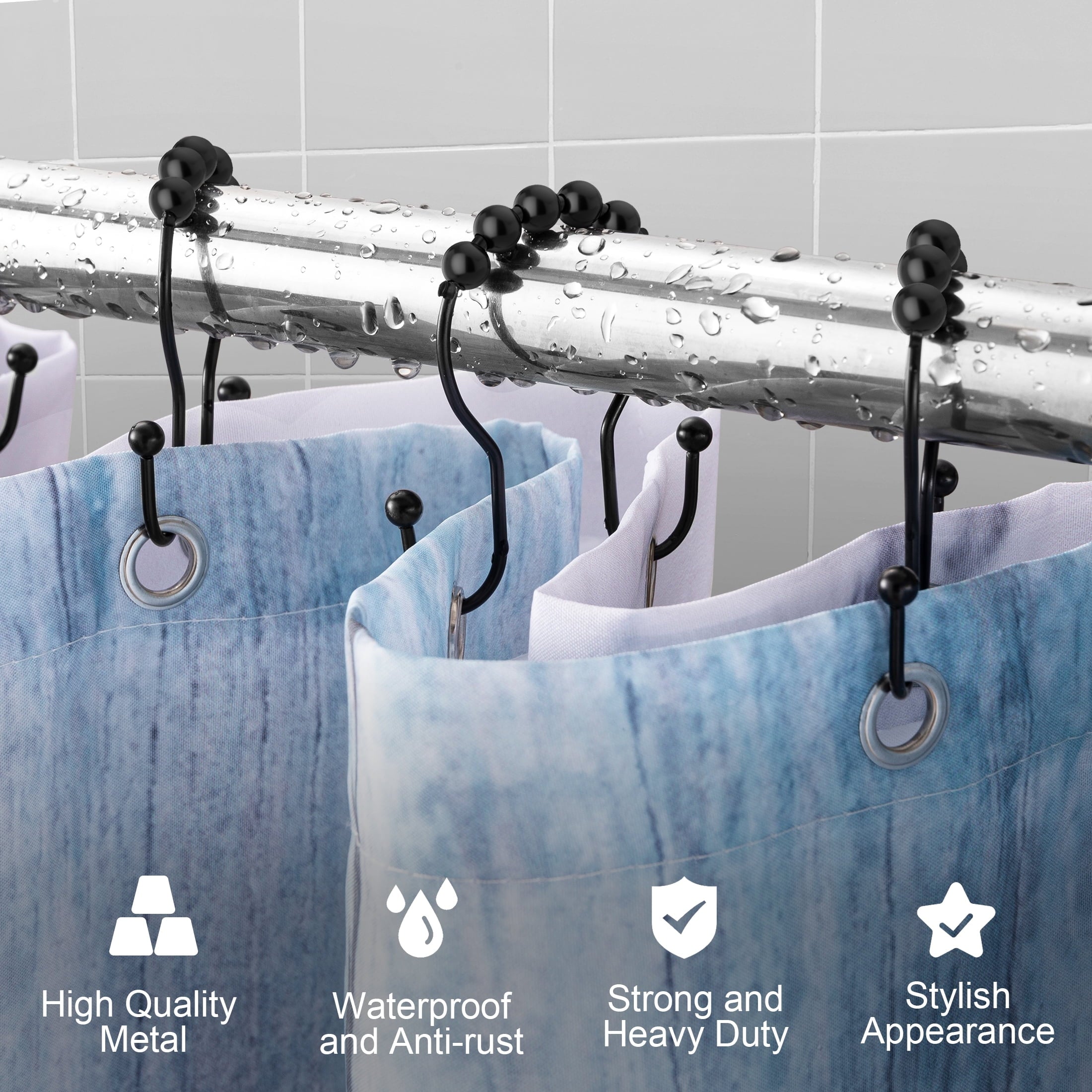 Siaomo Shower Curtain Hooks, 12 Pcs Shower Curtain Rings, Premium Stainless Steel, Rustproof, Easy Glide, for Bathroom Shower Rods Curtains - Double Hooks, Black