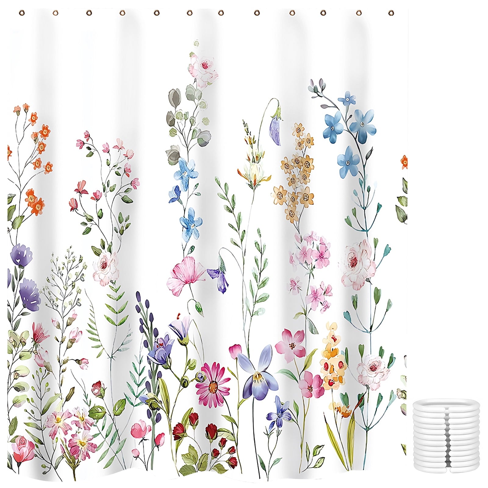 Dznils White Floral Fabric Shower Curtain, Watercolor Bathroom Curtain with Hooks, Pink, 72" x 72"