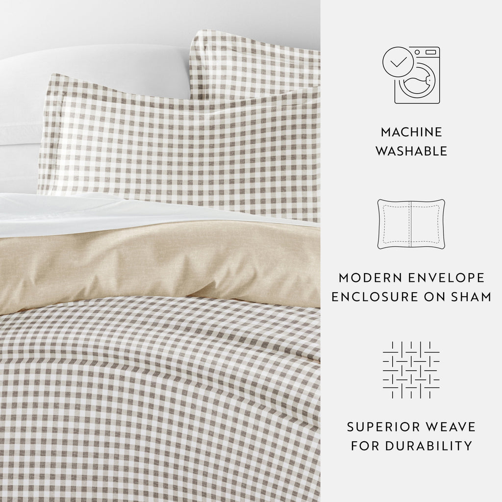 Duvet Cover Set - Ultra Soft & Breathable - Reversible Beige Gingham Check for Twin/TwinXL Bedding by Comfort Canopy