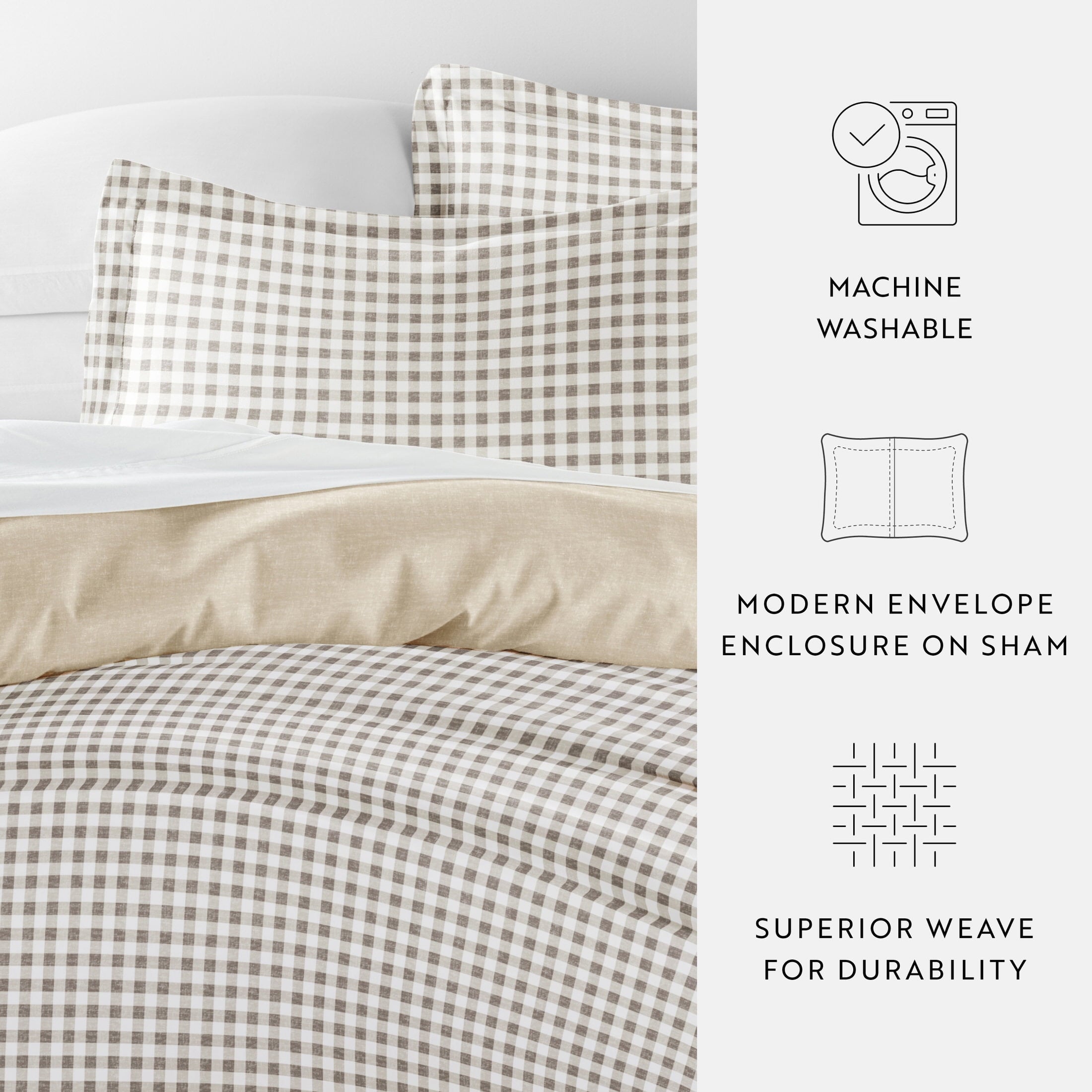 Duvet Cover Set - Ultra Soft & Breathable - Reversible Beige Gingham Check for Twin/TwinXL Bedding by Comfort Canopy