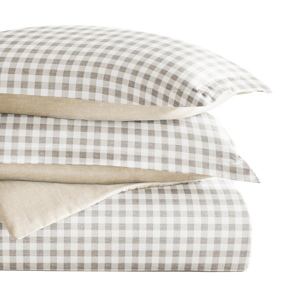 Duvet Cover Set - Ultra Soft & Breathable - Reversible Beige Gingham Check for Twin/TwinXL Bedding by Comfort Canopy
