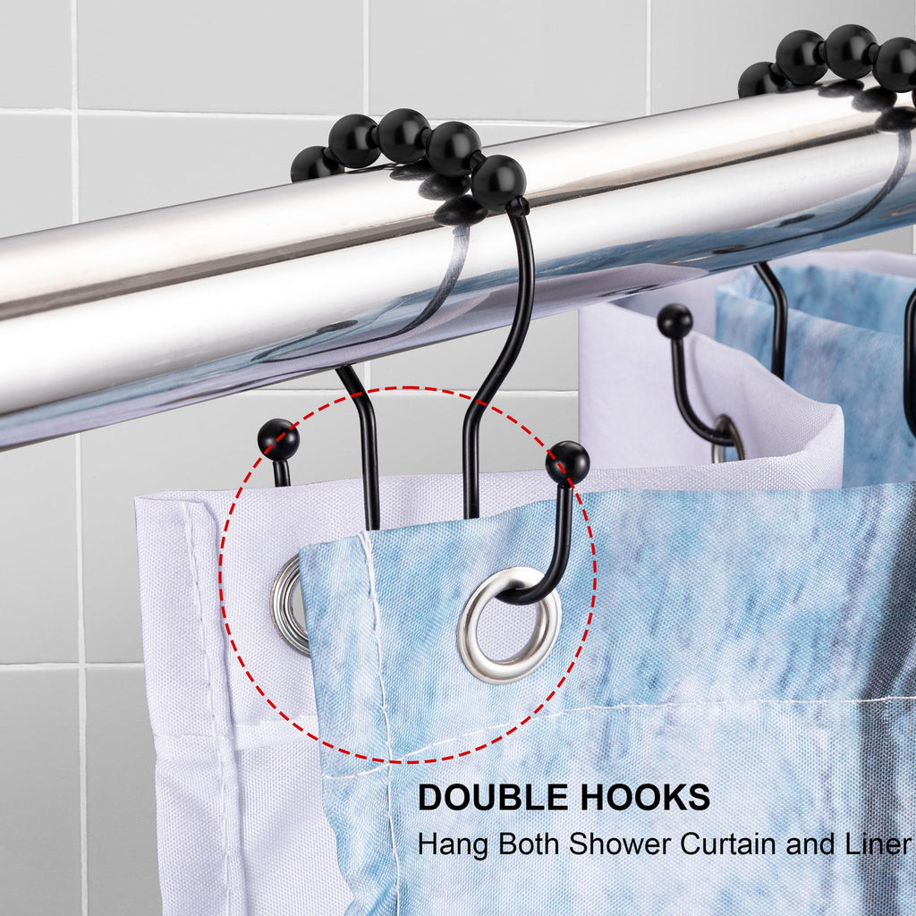 Siaomo Shower Curtain Hooks, 12 Pcs Shower Curtain Rings, Premium Stainless Steel, Rustproof, Easy Glide, for Bathroom Shower Rods Curtains - Double Hooks, Black