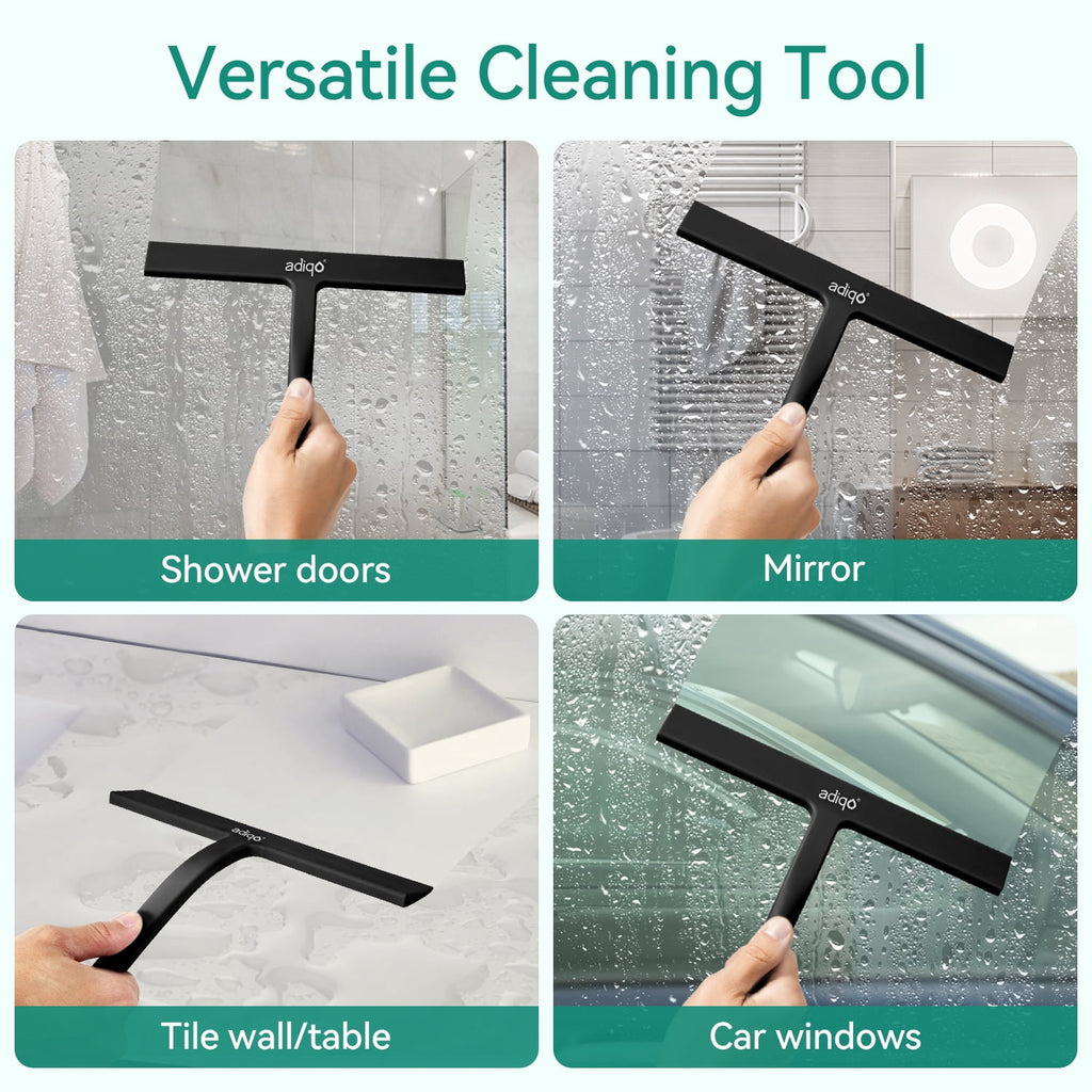 Adiqo 9" Silicone Shower Squeegee for Bathroom, Shower Doors, Mirrors - 100% Streak Free, Matte Black