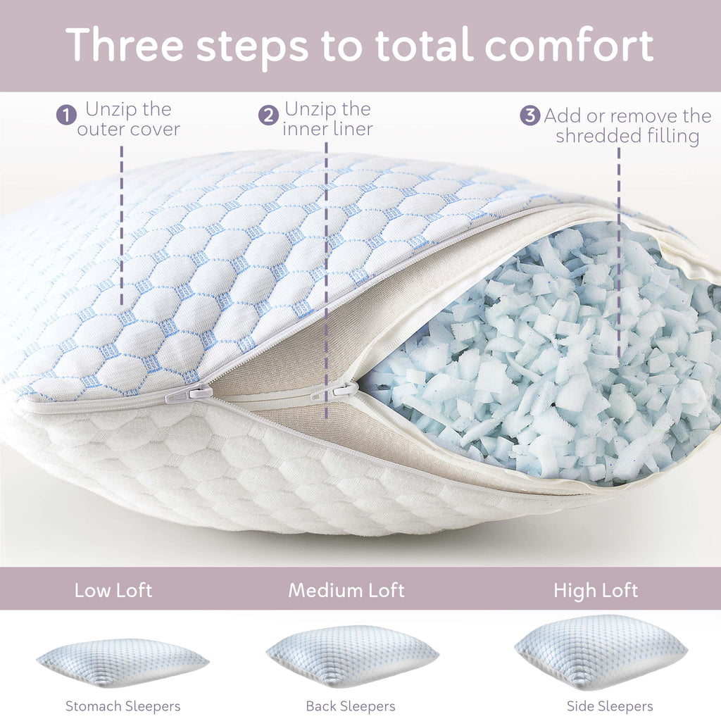 Virtu Temperature Queen Pillows Set of 2, Regulating and Adjustable Soft Memory Foam Cooling Bed Pillows Queen Size Pillows Set of 2, 20" X 30"