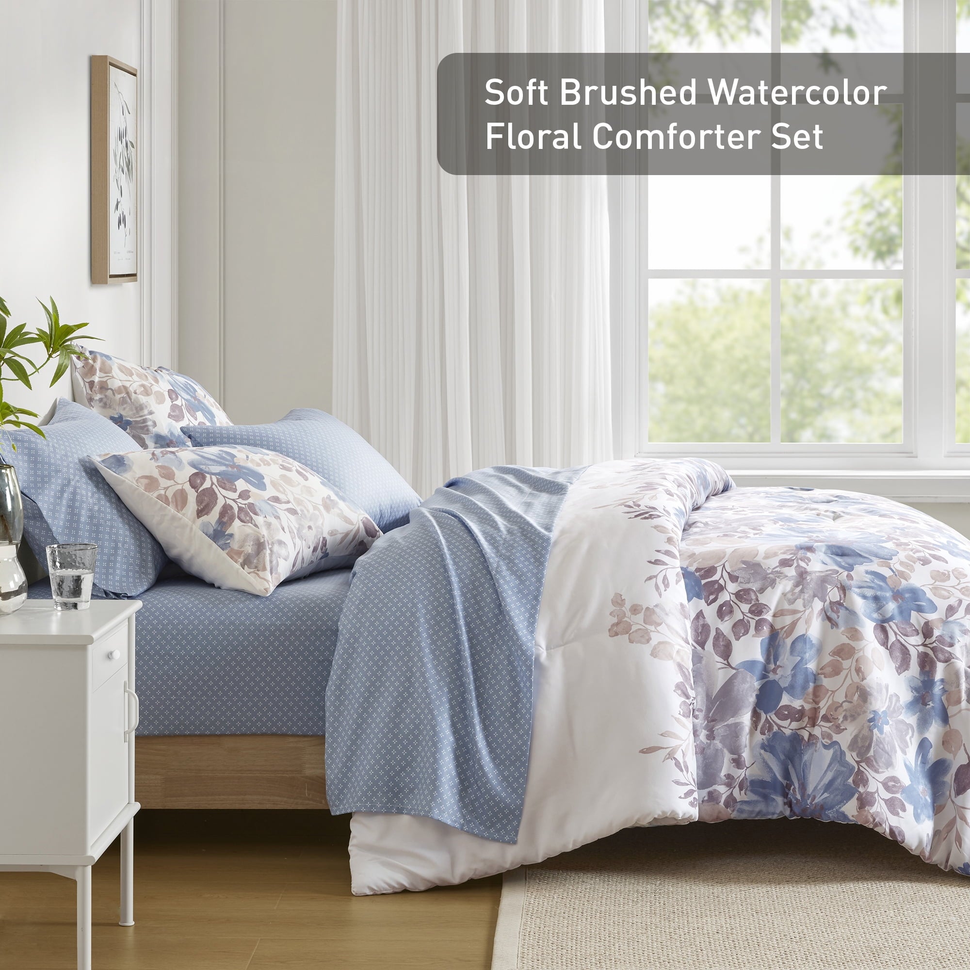 Regency Heights Queen Comforter Set with Sheets, Soft Brushed Bed in A Bag with Diamond Printed Bed Sheets, 7 Piece Bedding Sets with Flat Sheet and Fitted Sheet, Blue