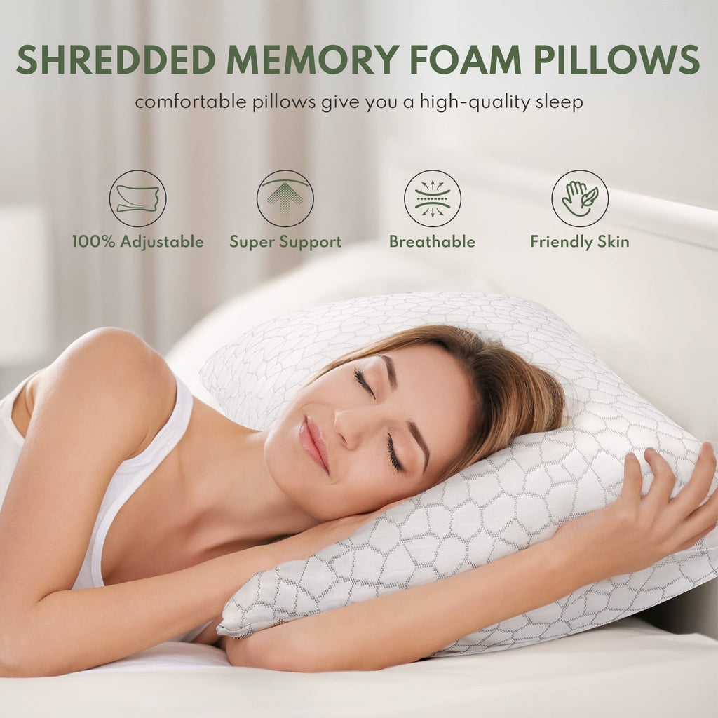 Cooling Memory Foam Queen Pillows for bed 2 Pack,Adjustable Support & Heat Dissipation Tech for Side,Back,Stomach & Hot Sleepers