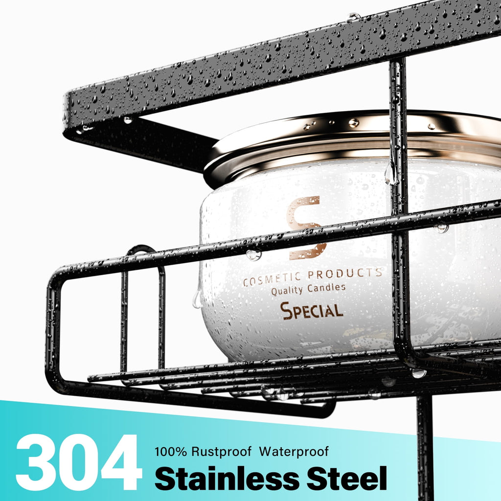 Aitatty Over The Door Shower Caddy: Hanging Stainless Steel Bathroom Organizer, No Drilling Shower Shelves with 2 Soap Holder, 1 Brush Holder, 4 Hooks - Black