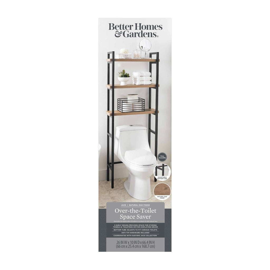 Better Homes & Gardens Jace 3-Shelf over-the-Toilet Rack with Black Frame and Oak Shelves