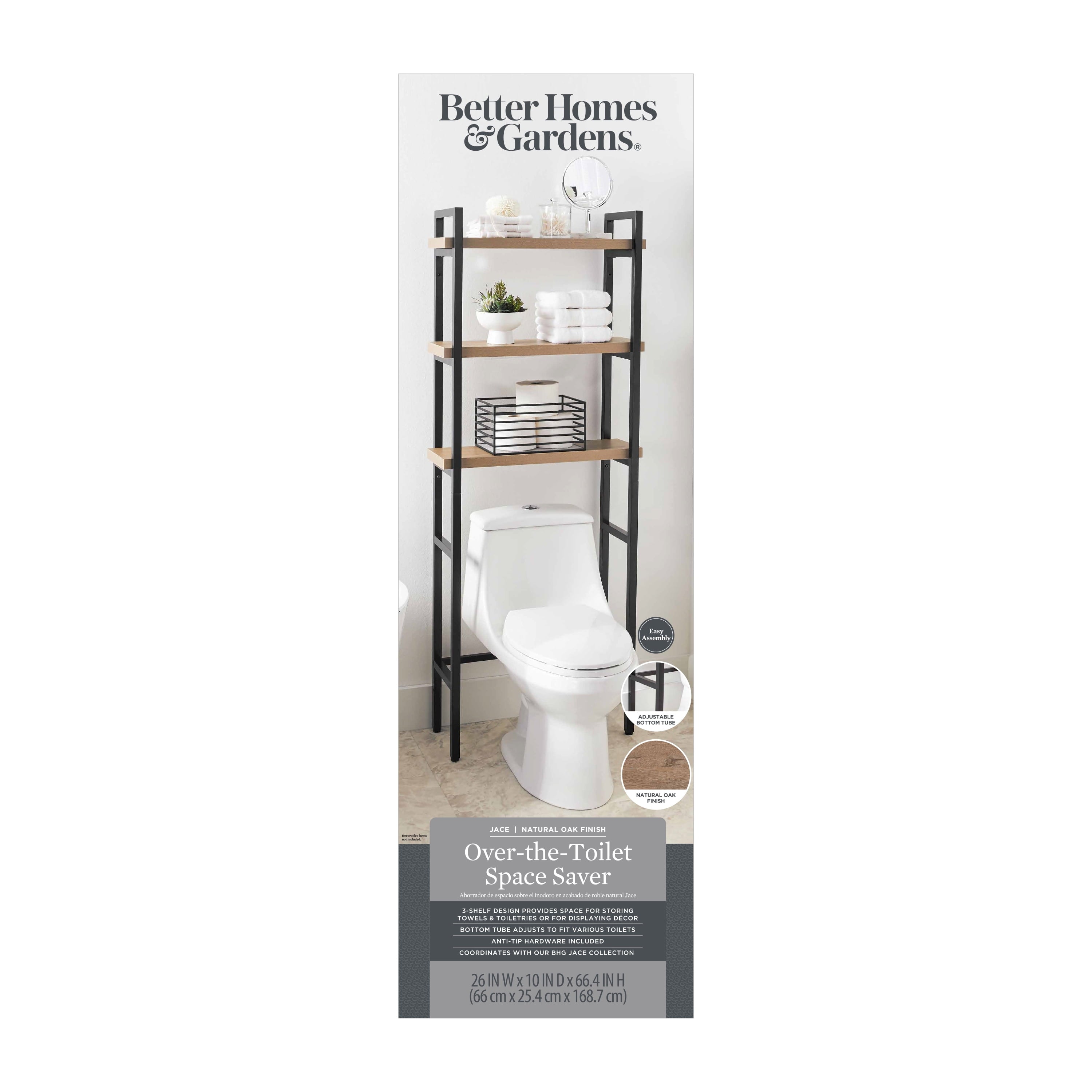 Better Homes & Gardens Jace 3-Shelf over-the-Toilet Rack with Black Frame and Oak Shelves
