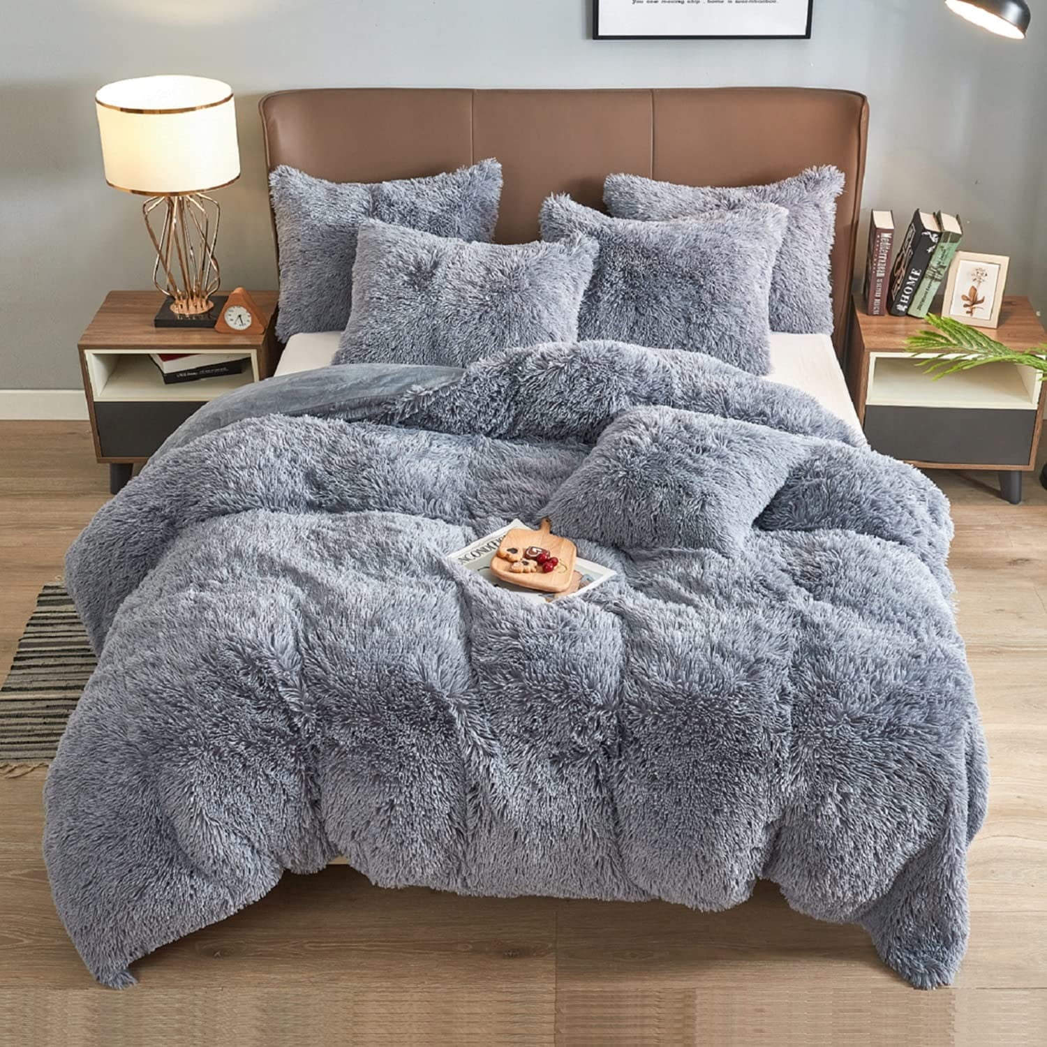 BLEUM CADE Luxury Fluffy Fuzzy Queen Bedding Comforter Set,4 Pieces Shaggy Duvet Cover Set,Furry Plush Velvet Bed Comforter Cover with Zip Closure,Queen,Creamy-White