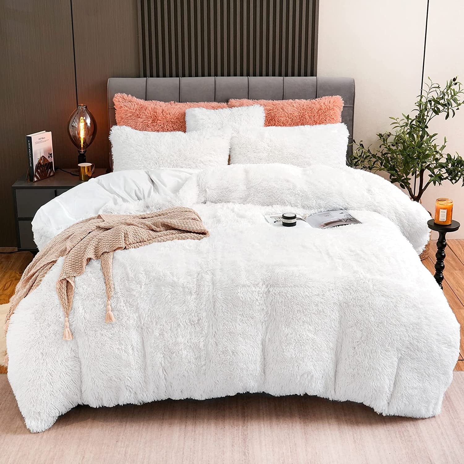 BLEUM CADE Luxury Fluffy Fuzzy Queen Bedding Comforter Set,4 Pieces Shaggy Duvet Cover Set,Furry Plush Velvet Bed Comforter Cover with Zip Closure,Queen,Creamy-White