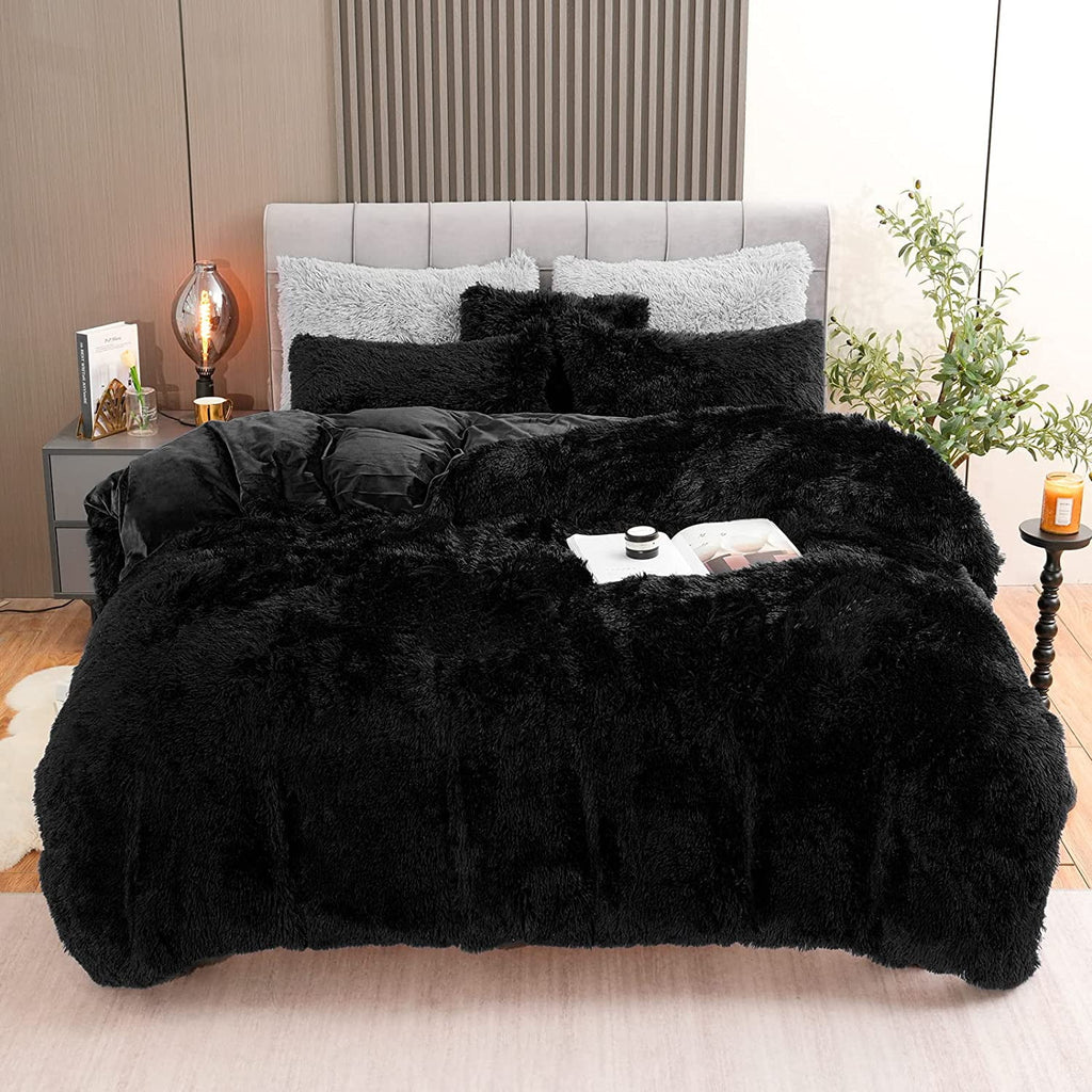 BLEUM CADE Luxury Fluffy Fuzzy Queen Bedding Comforter Set,4 Pieces Shaggy Duvet Cover Set,Furry Plush Velvet Bed Comforter Cover with Zip Closure,Queen,Creamy-White