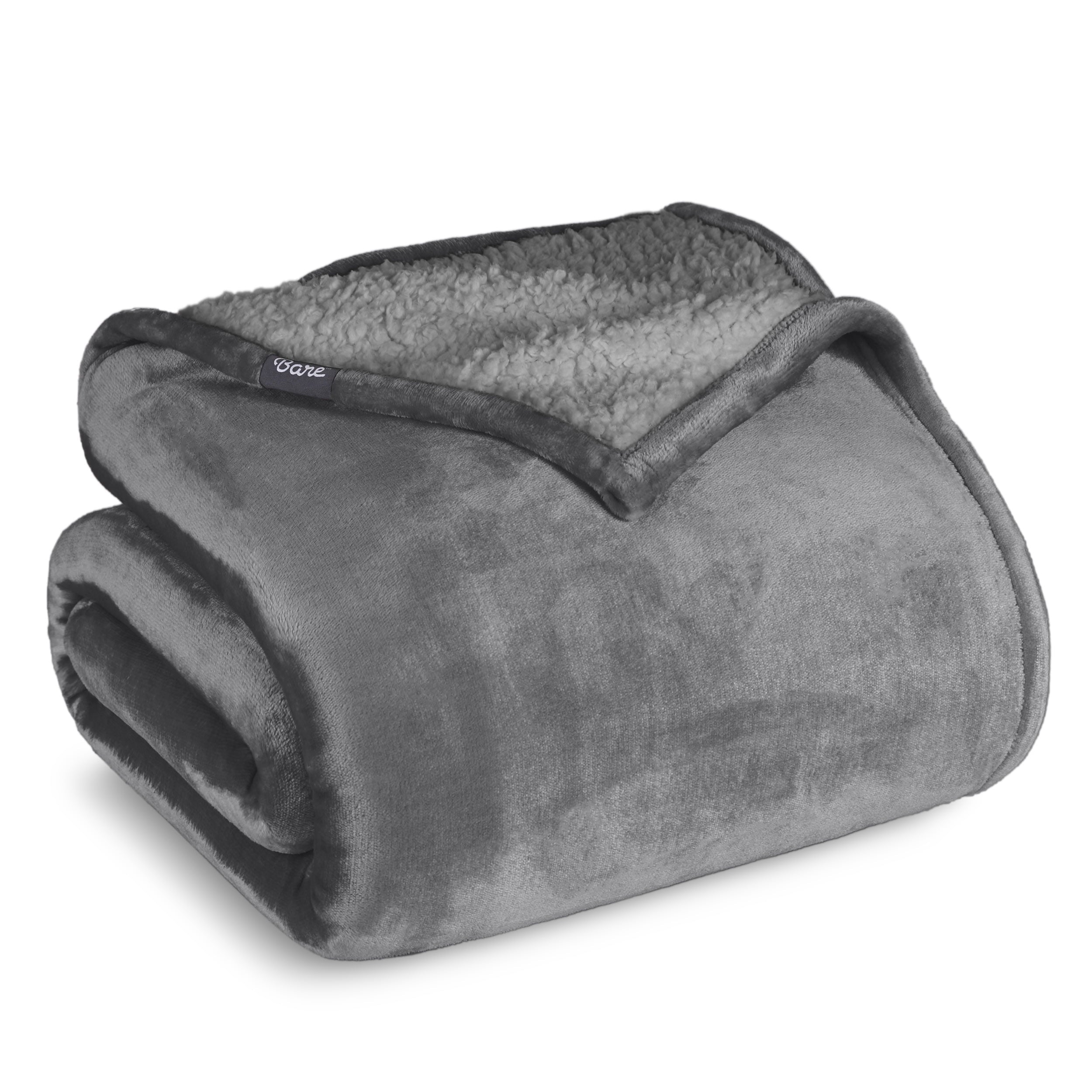 Bare Home Plush Sherpa Bed Blanket - Fluffy & Soft - Reversible - Lightweight - Full/Queen, Gray
