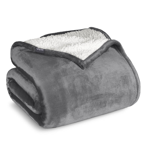 Bare Home Plush Sherpa Bed Blanket - Fluffy & Soft - Reversible - Lightweight - Full/Queen, Gray