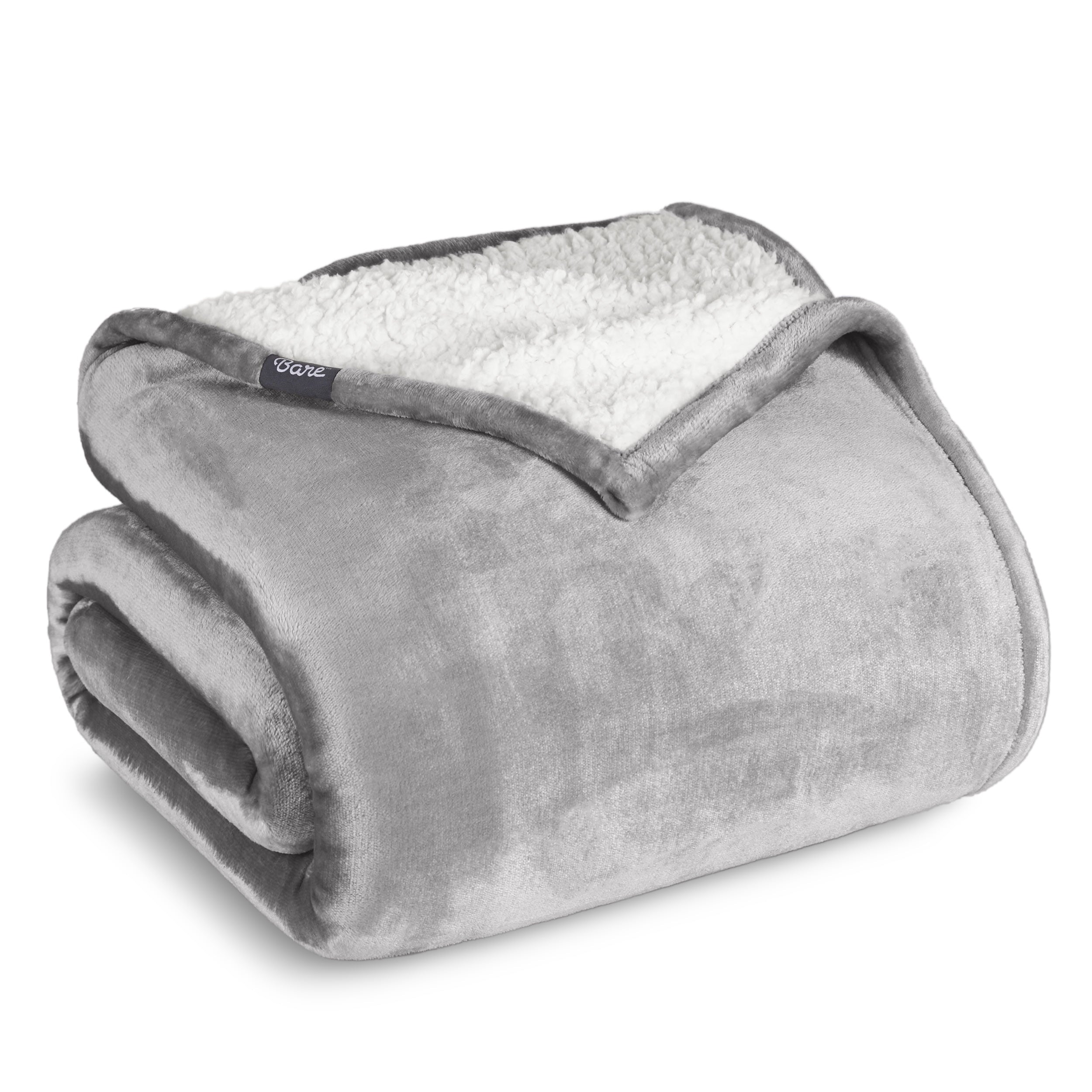 Bare Home Plush Sherpa Bed Blanket - Fluffy & Soft - Reversible - Lightweight - Full/Queen, Gray