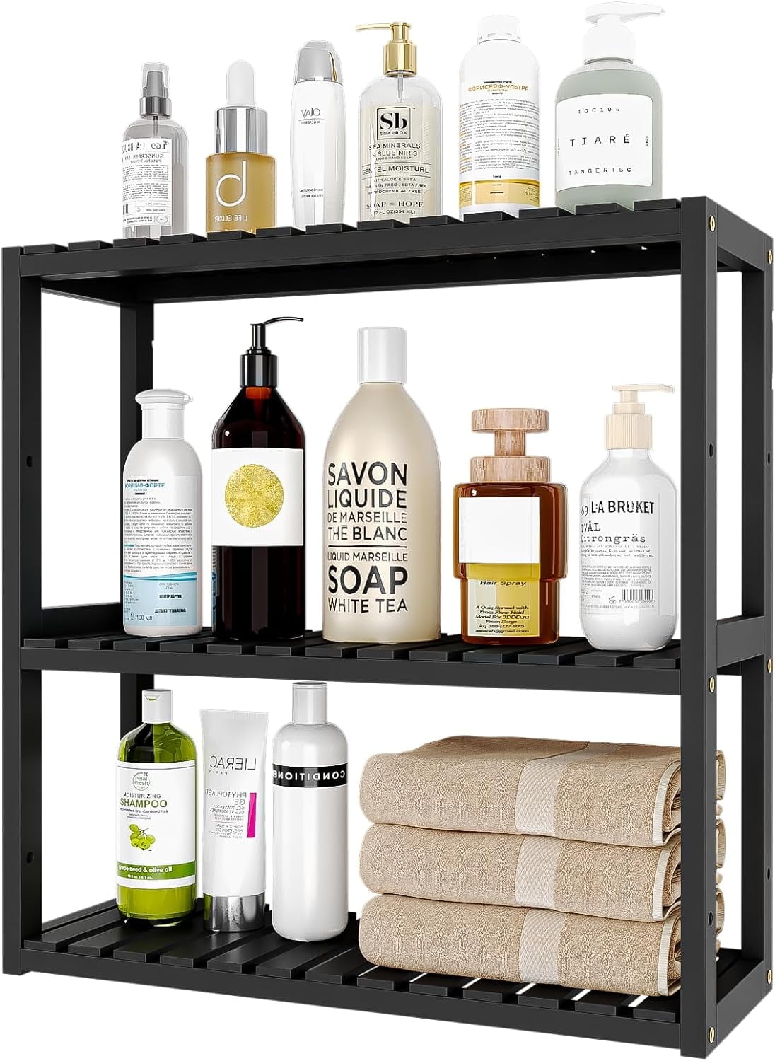 Bamworld Bamboo Bathroom Shelves Organizer Towel Rack for Storage Black Adjustable 3 Tiers Floating Shelf over the Toilet Storage with Hanging Rod